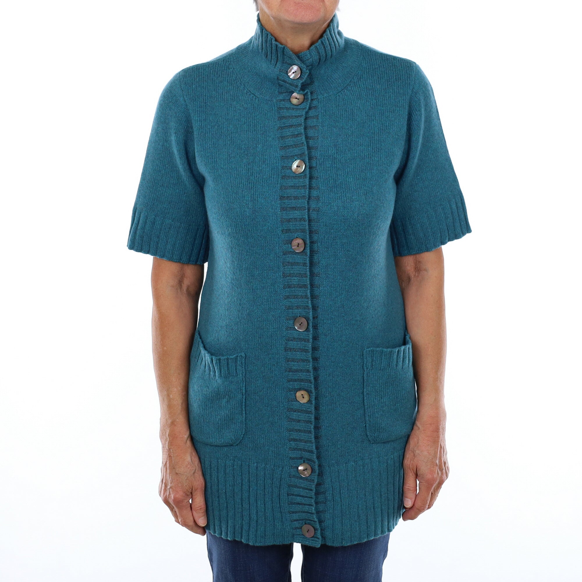 Aqua Blue Cashmere Collared Neck Short Sleeved Cardigan Medium