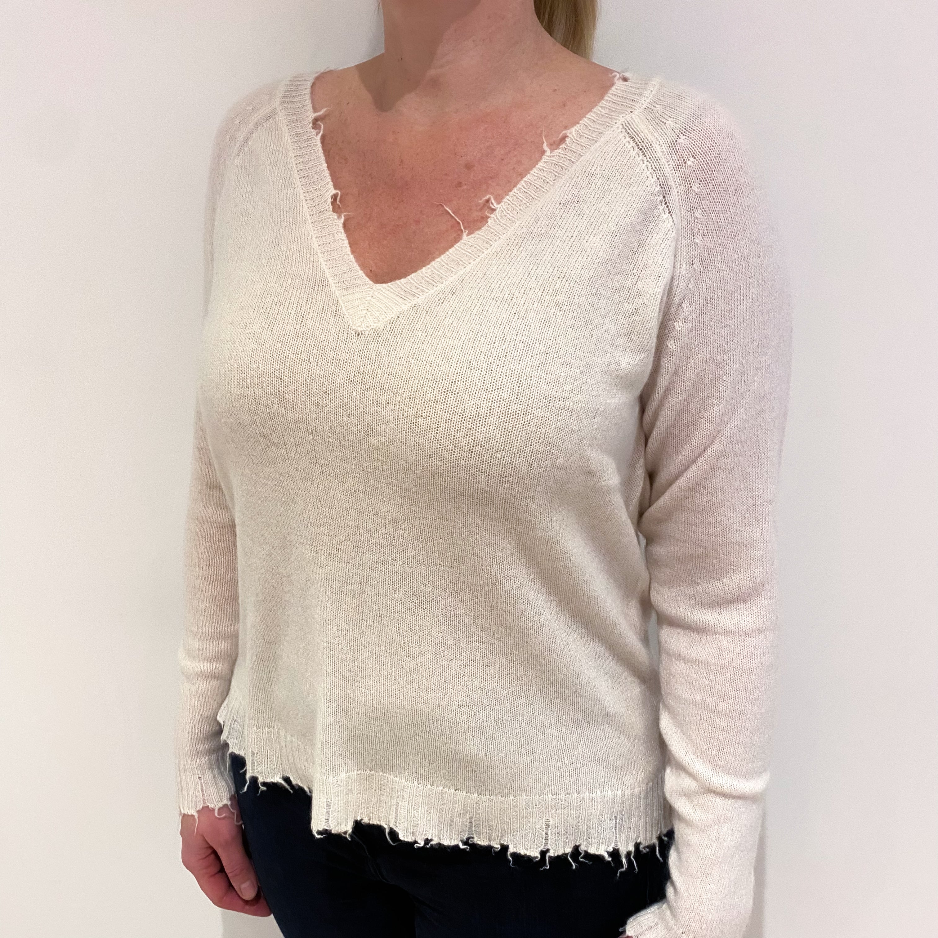 Ivory White Cashmere V Neck Jumper Large