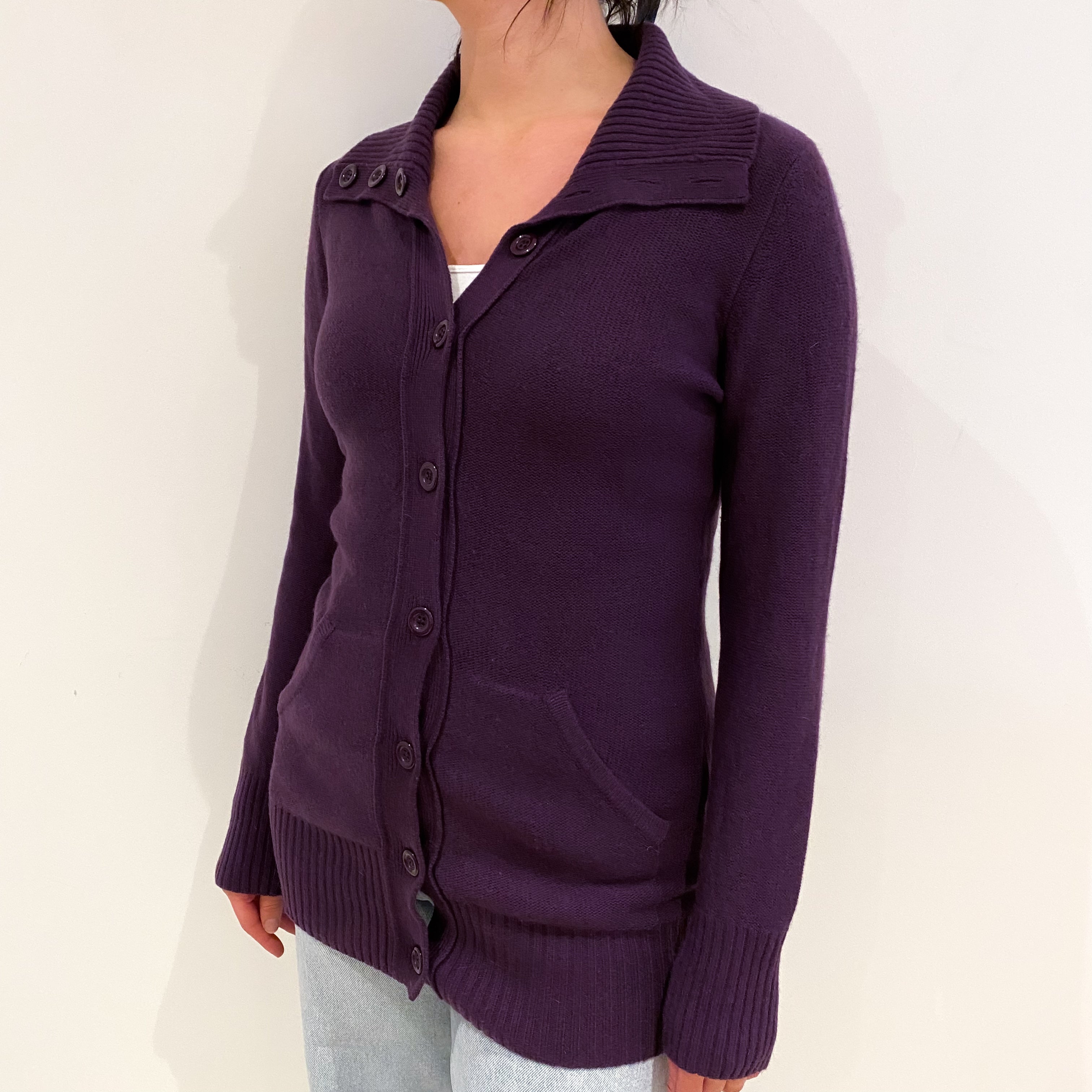 Blueberry Purple Cashmere Polo Neck Longline Cardigan With Pockets Small