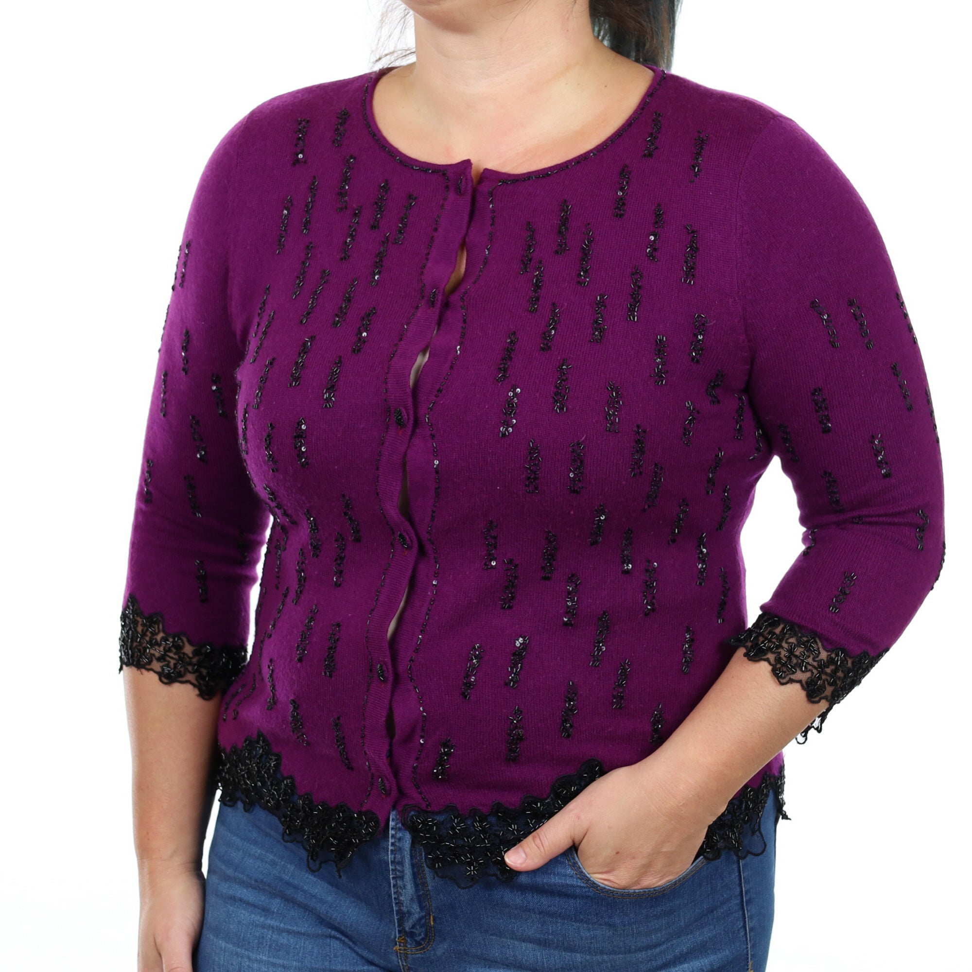 Deep Viola Embellished Cashmere Crew Neck Cardigan Large