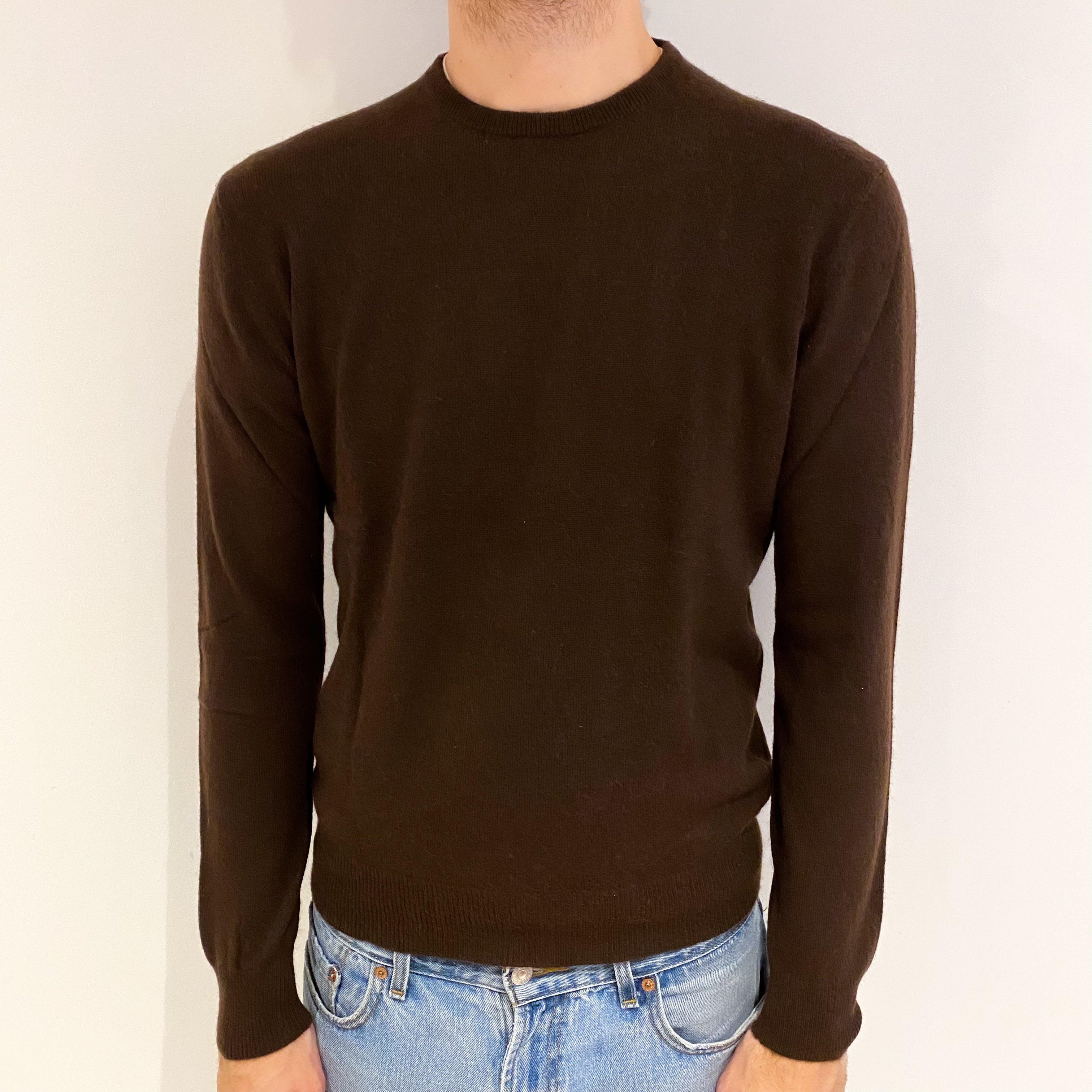 Men's Chocolate Brown Cashmere Crew Neck Jumper Medium