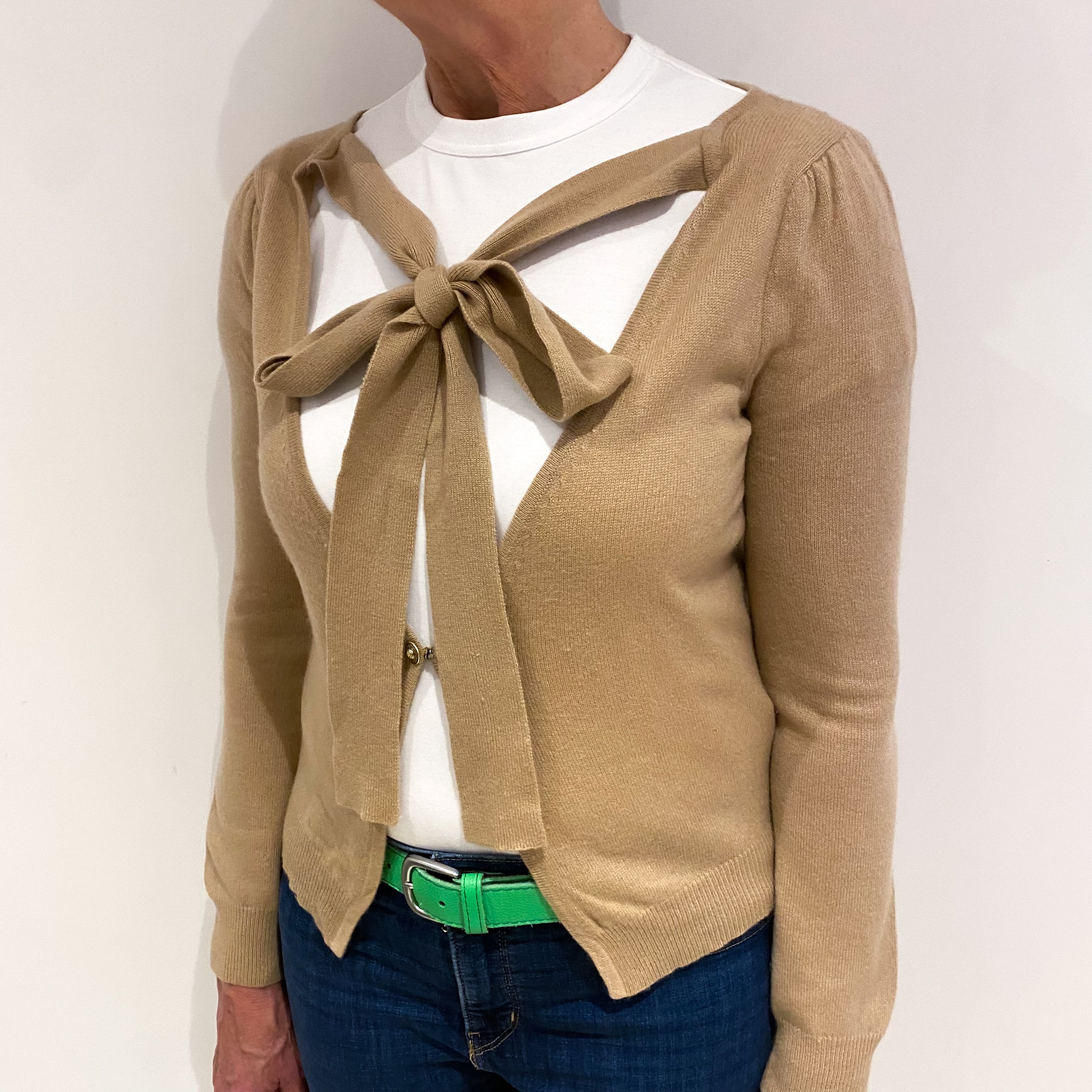 Caramel Brown Cashmere Neck Tie Cardigan Medium