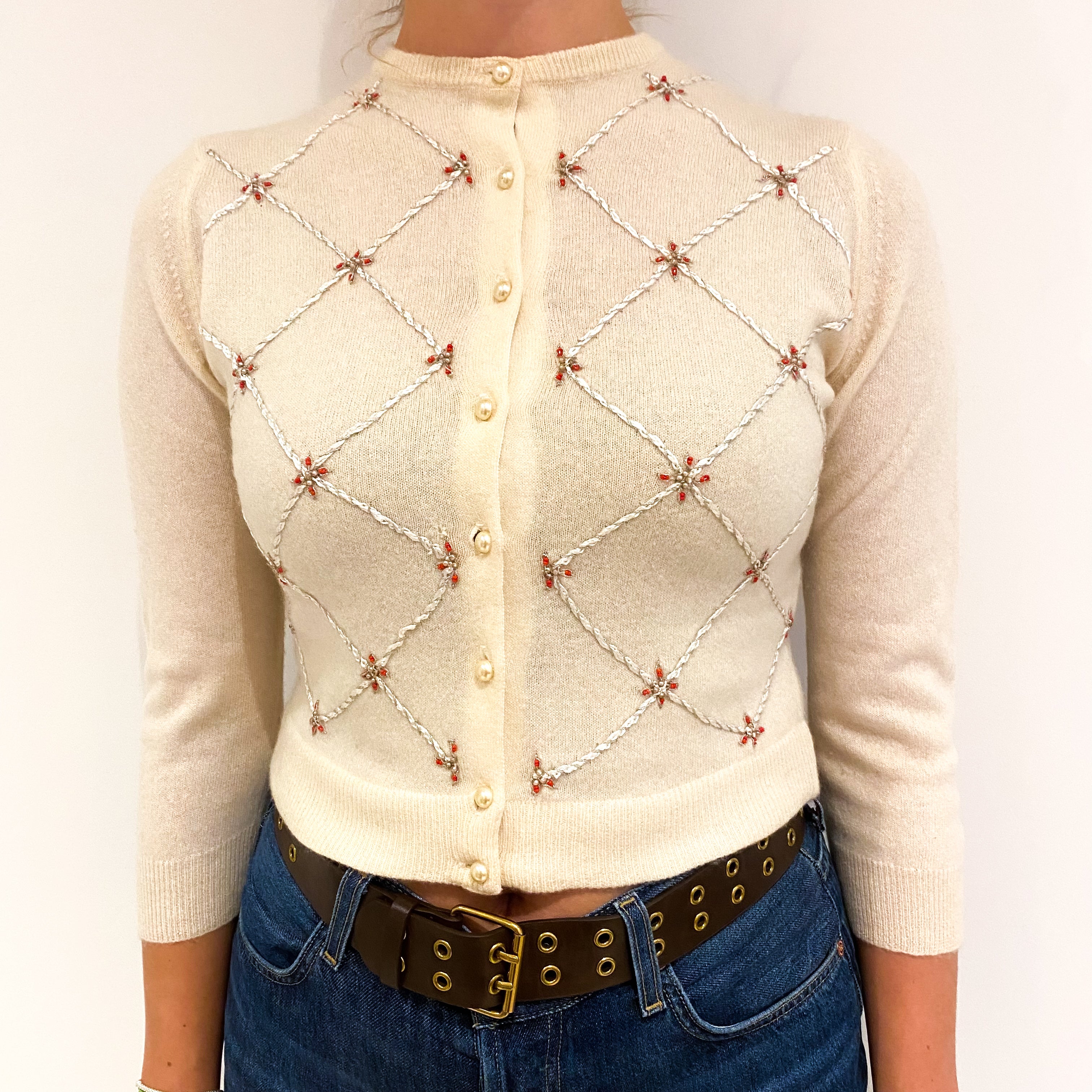 Vintage Embellished Cream Cashmere Crew Neck Cardigan Small