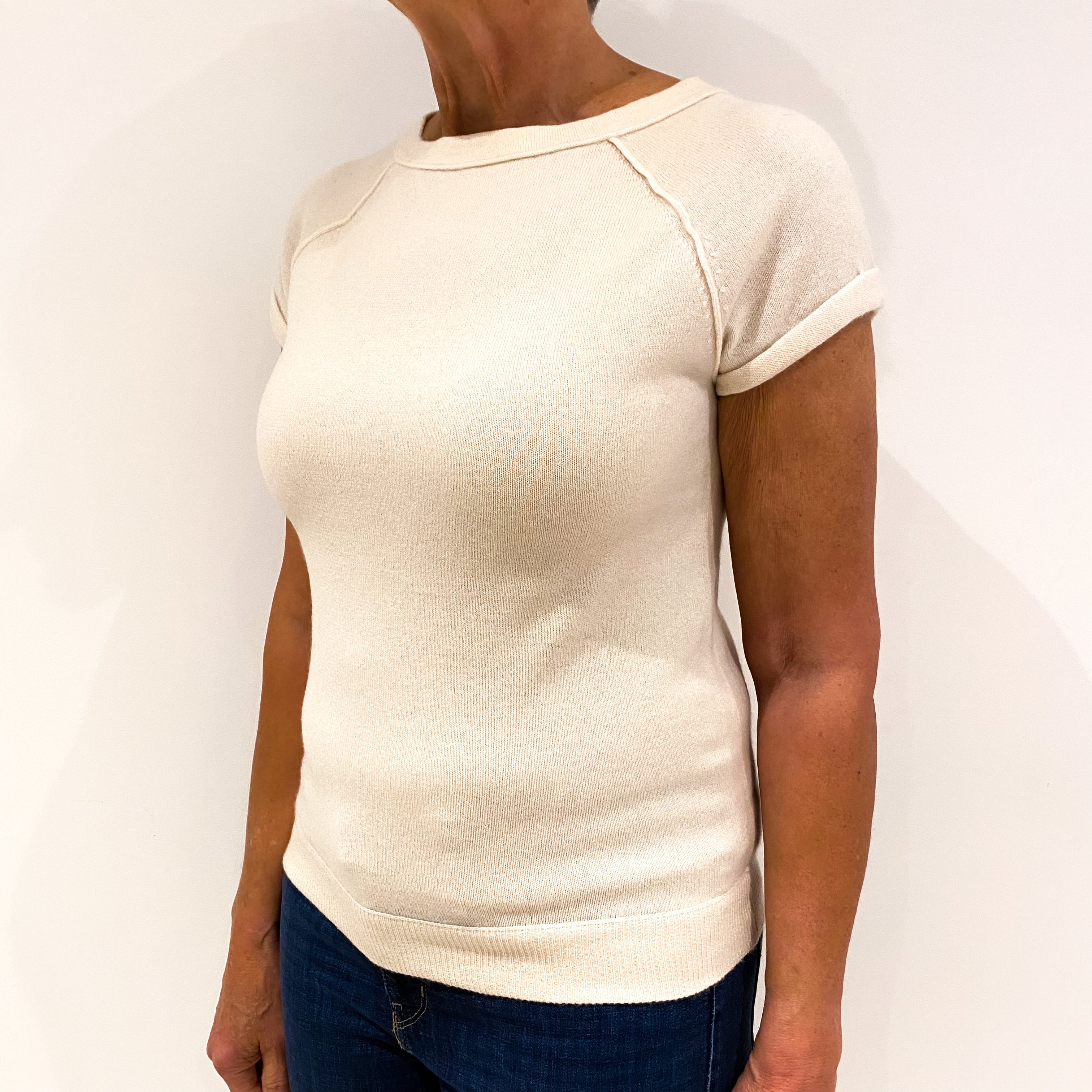 Cream Short Sleeved Cashmere Crew Neck Jumper Medium