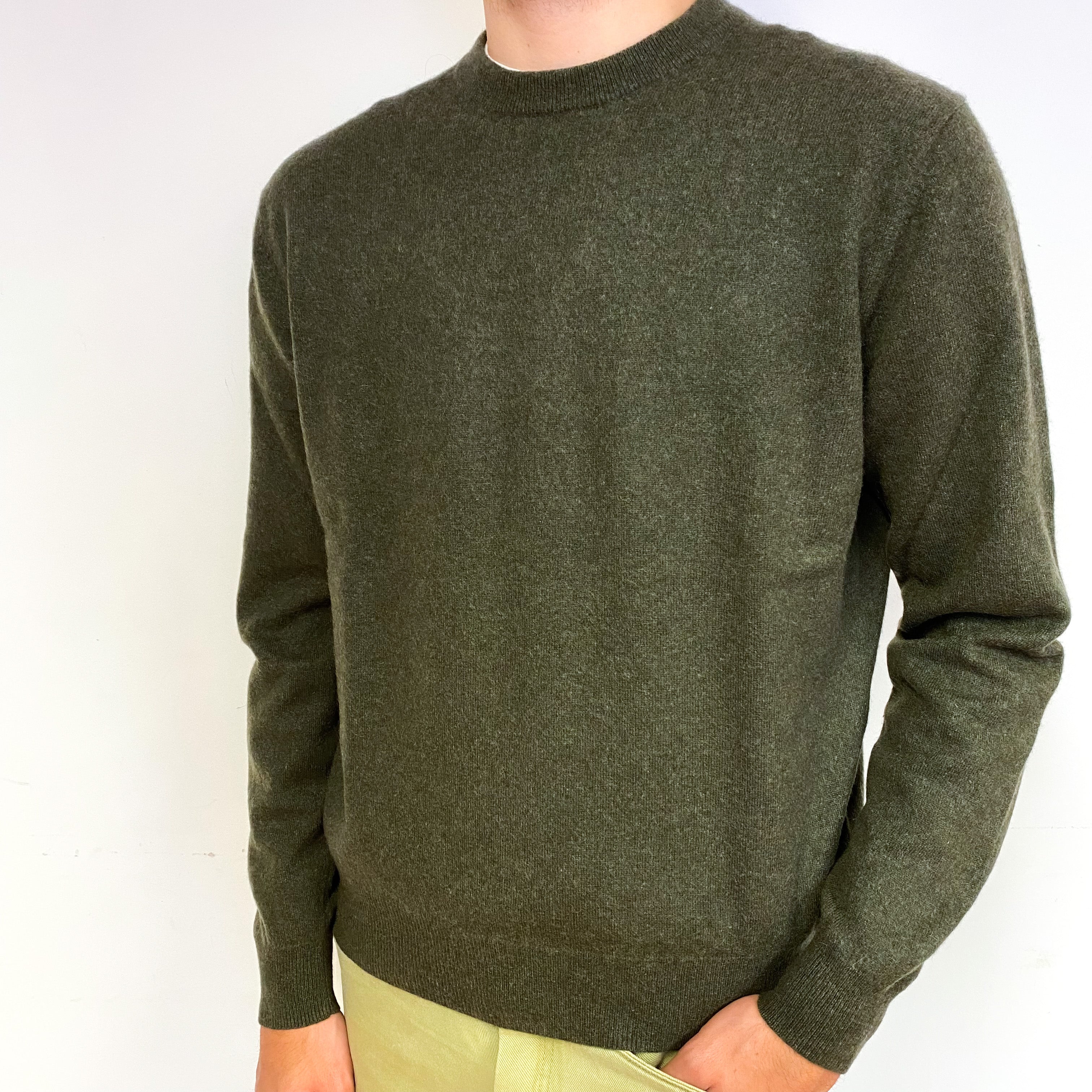 Men's Khaki Green Cashmere Crew Neck Jumper Large