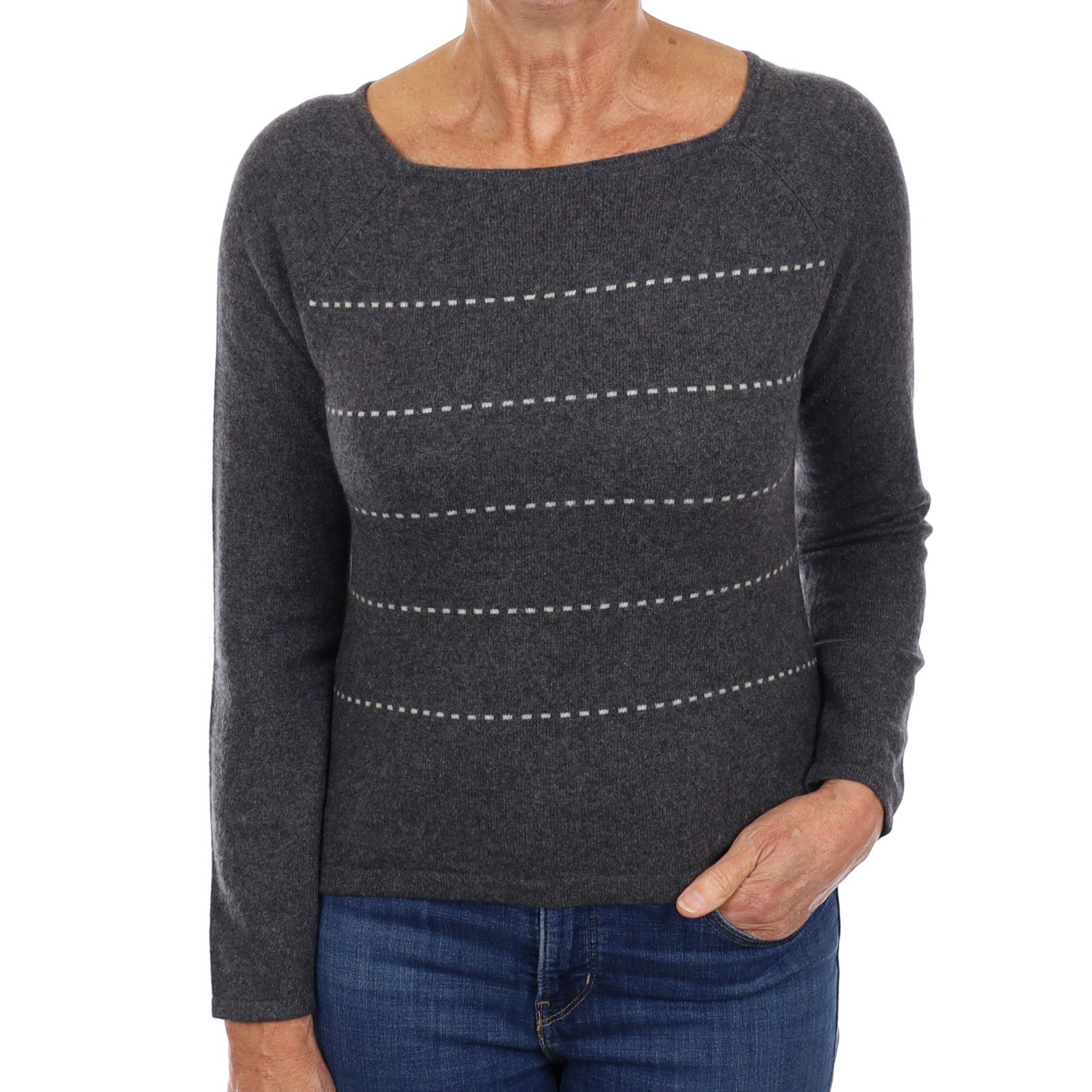 Slate Grey Stripe Cashmere Square Neck Jumper Medium