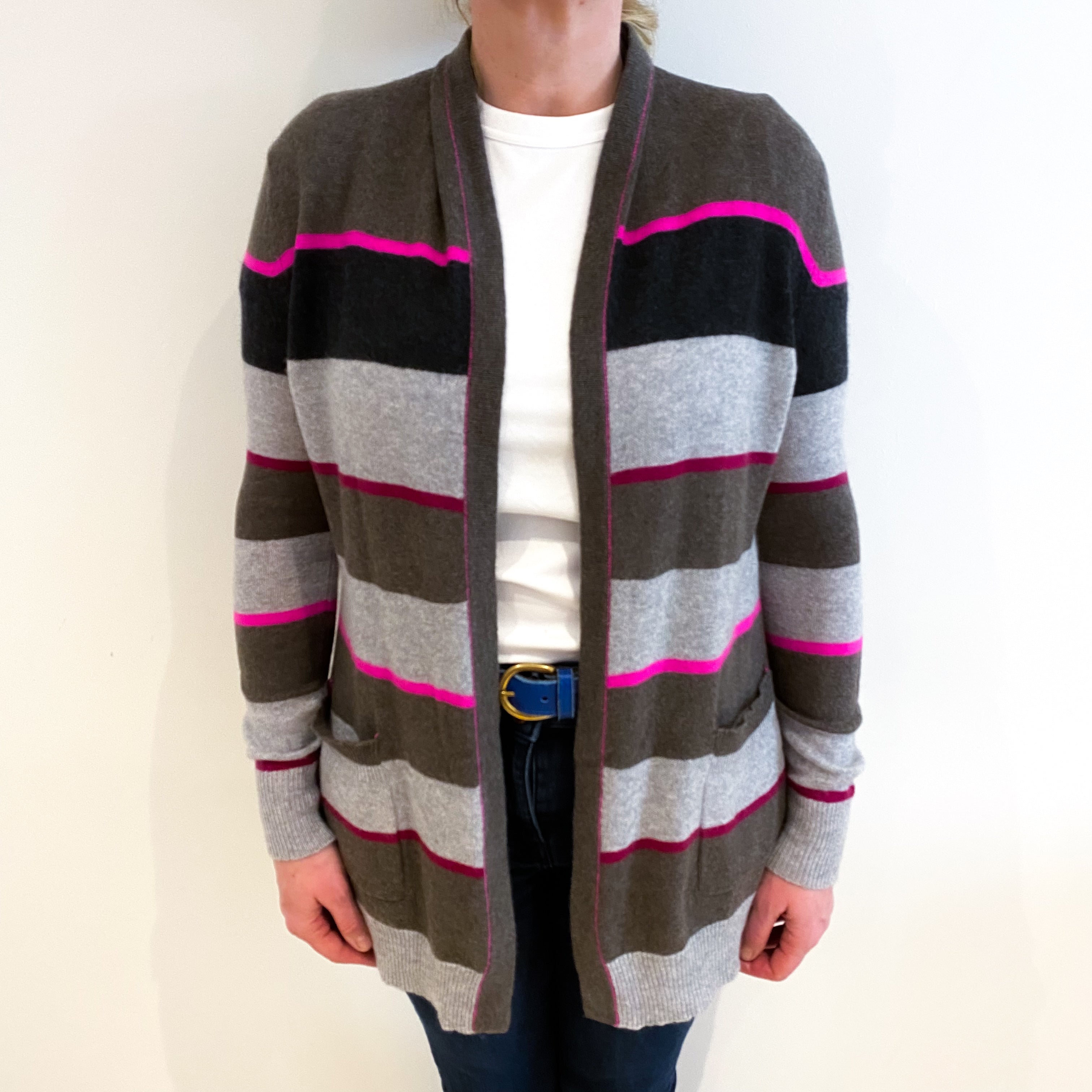 Mocha Pink Stripe Cashmere Edge To Edge Cardigan Large