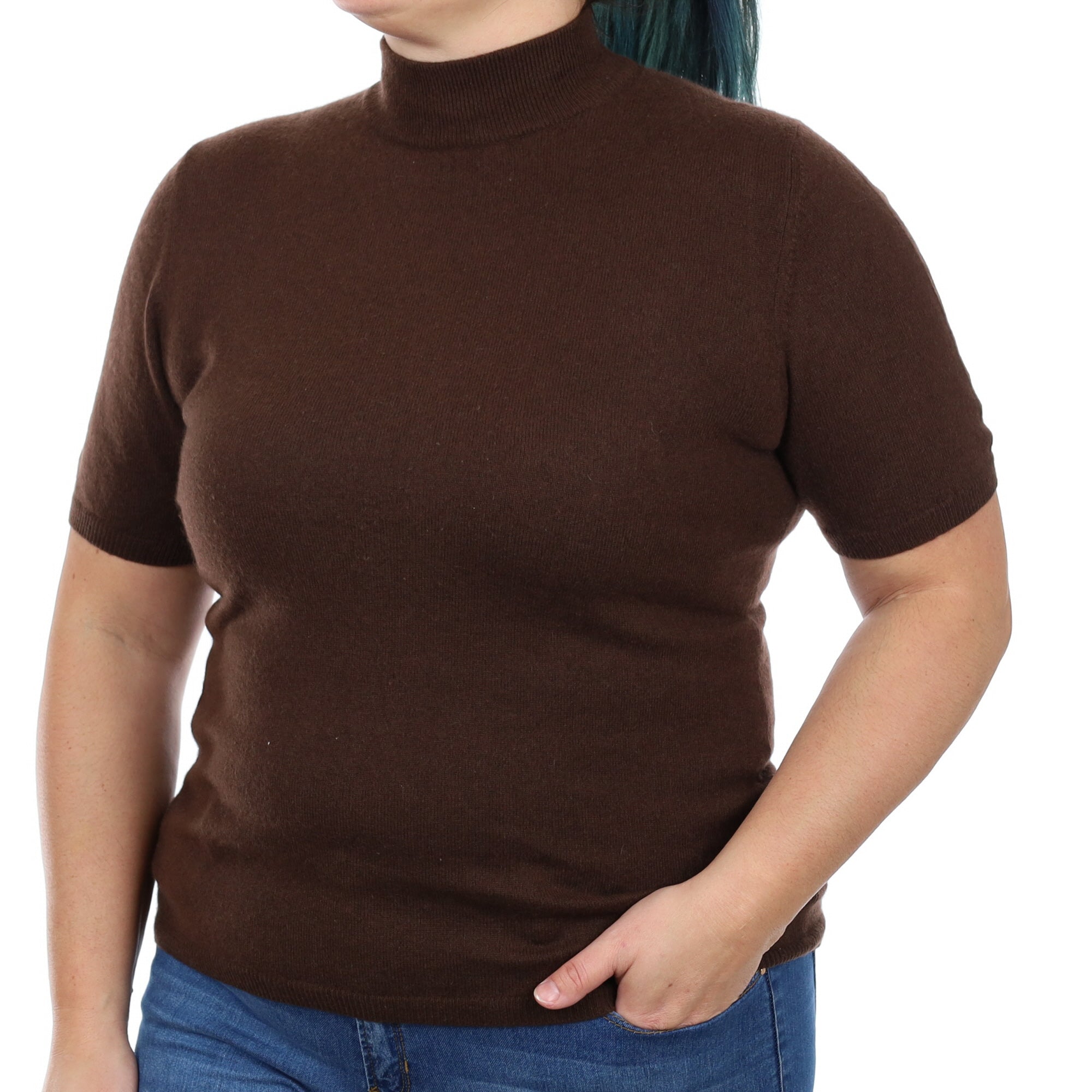 Chocolate Brown Cashmere Short Sleeve Turtle Neck Jumper Large