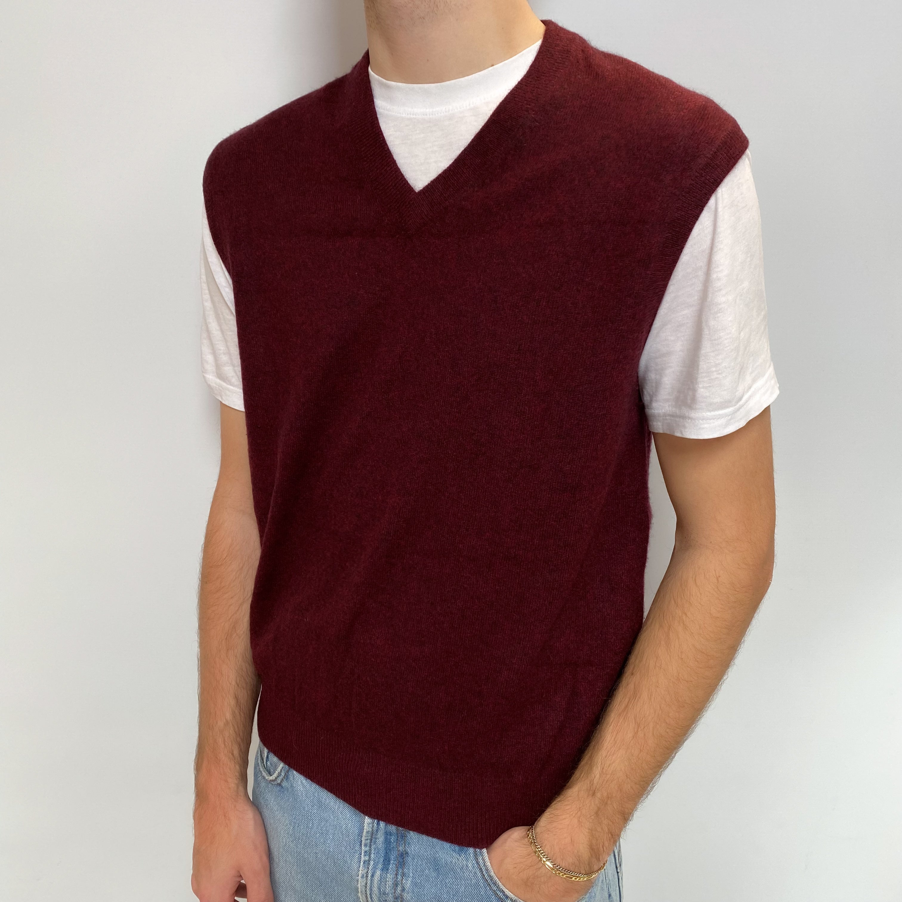 Men's Wine Red Cashmere V Neck Tank Top Large