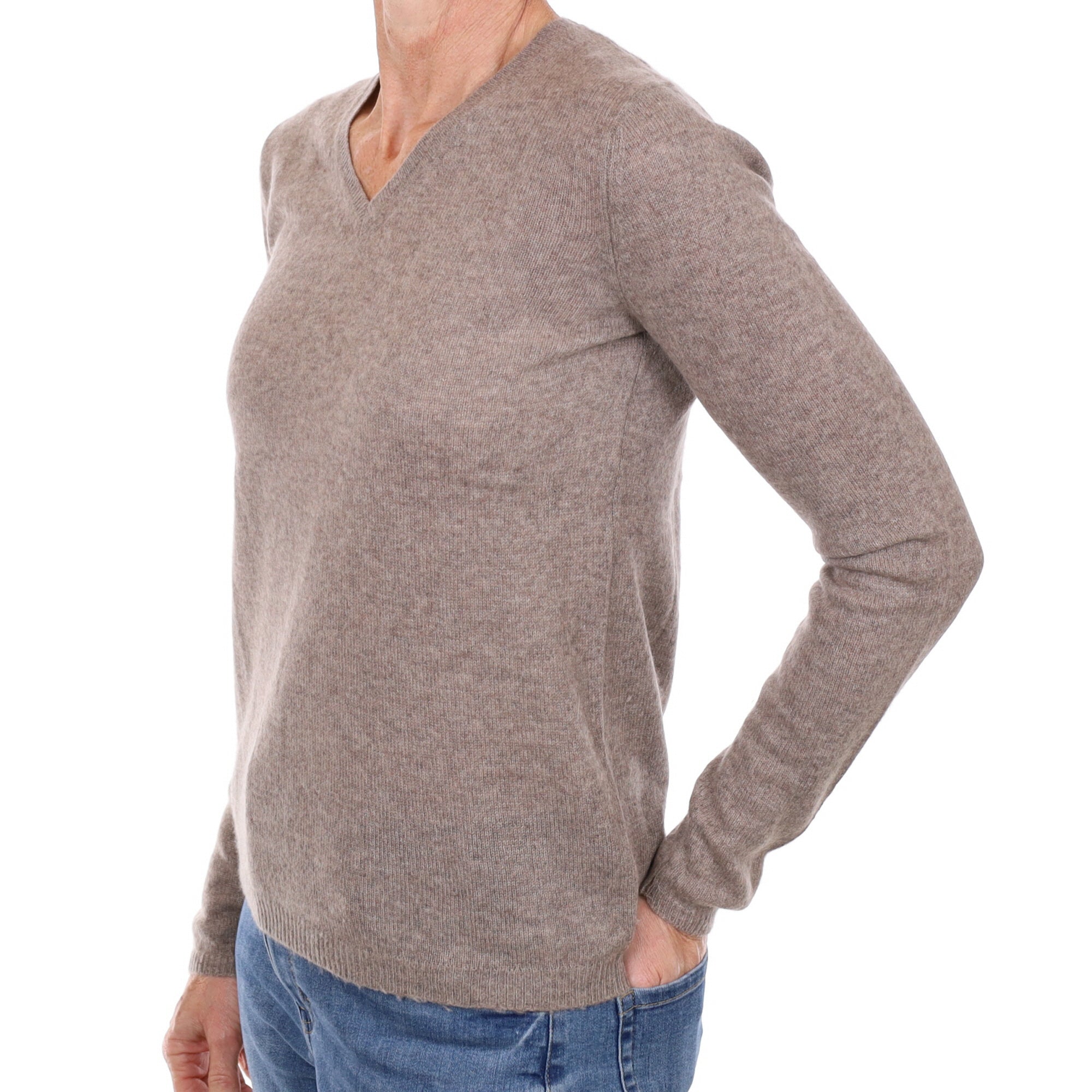 Mocha Brown Cashmere V Neck Jumper Small
