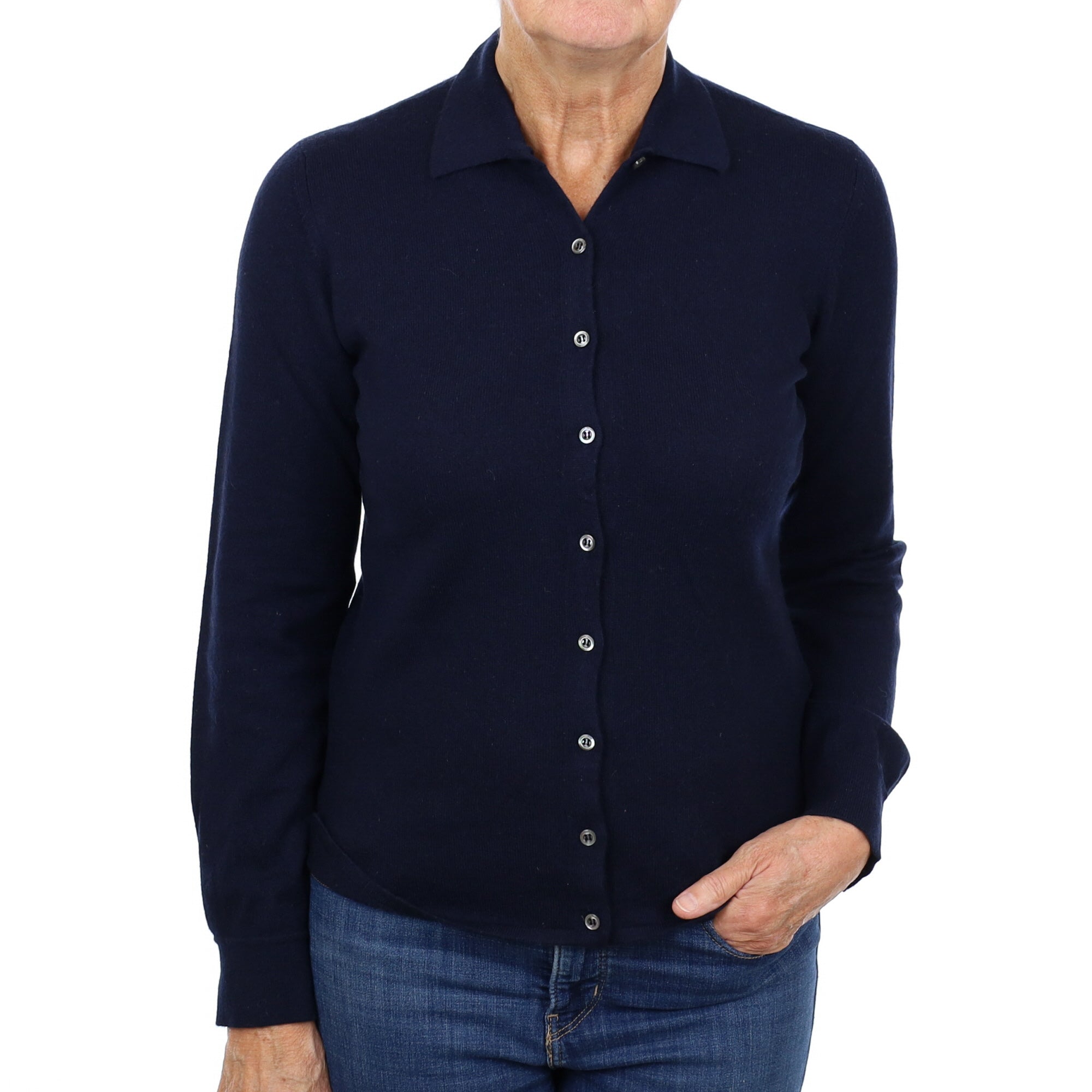 Malo Dark Navy Cashmere Collared Neck Cardigan Medium