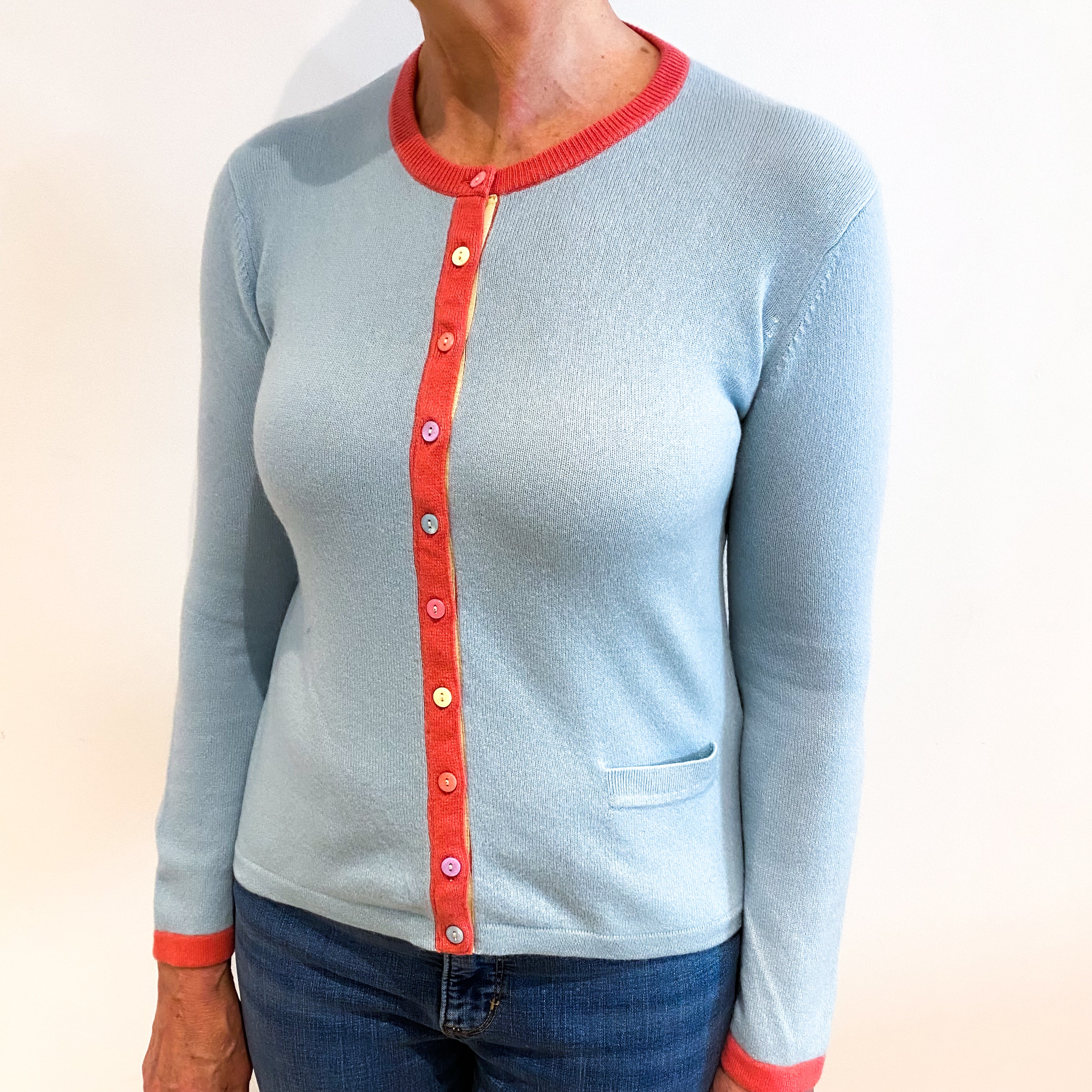 Mint Blue With Colourful Buttons And Pink Trim Cashmere Cardigan Medium