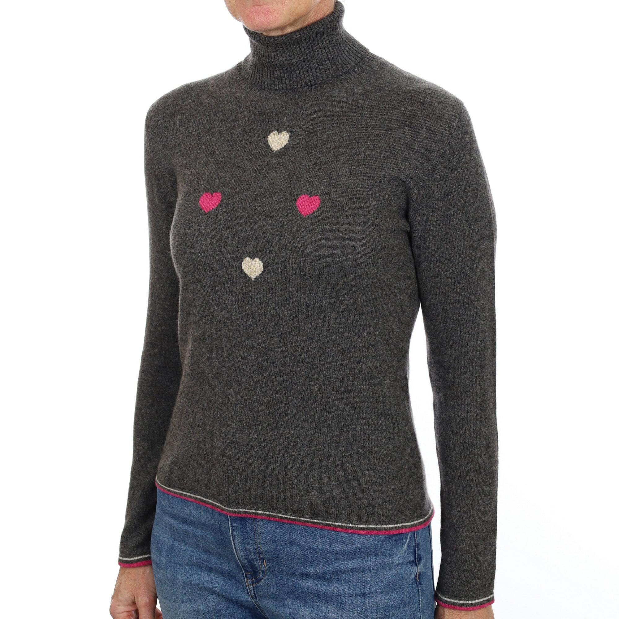 Ash Grey Hearts Cashmere Polo Neck Jumper Small