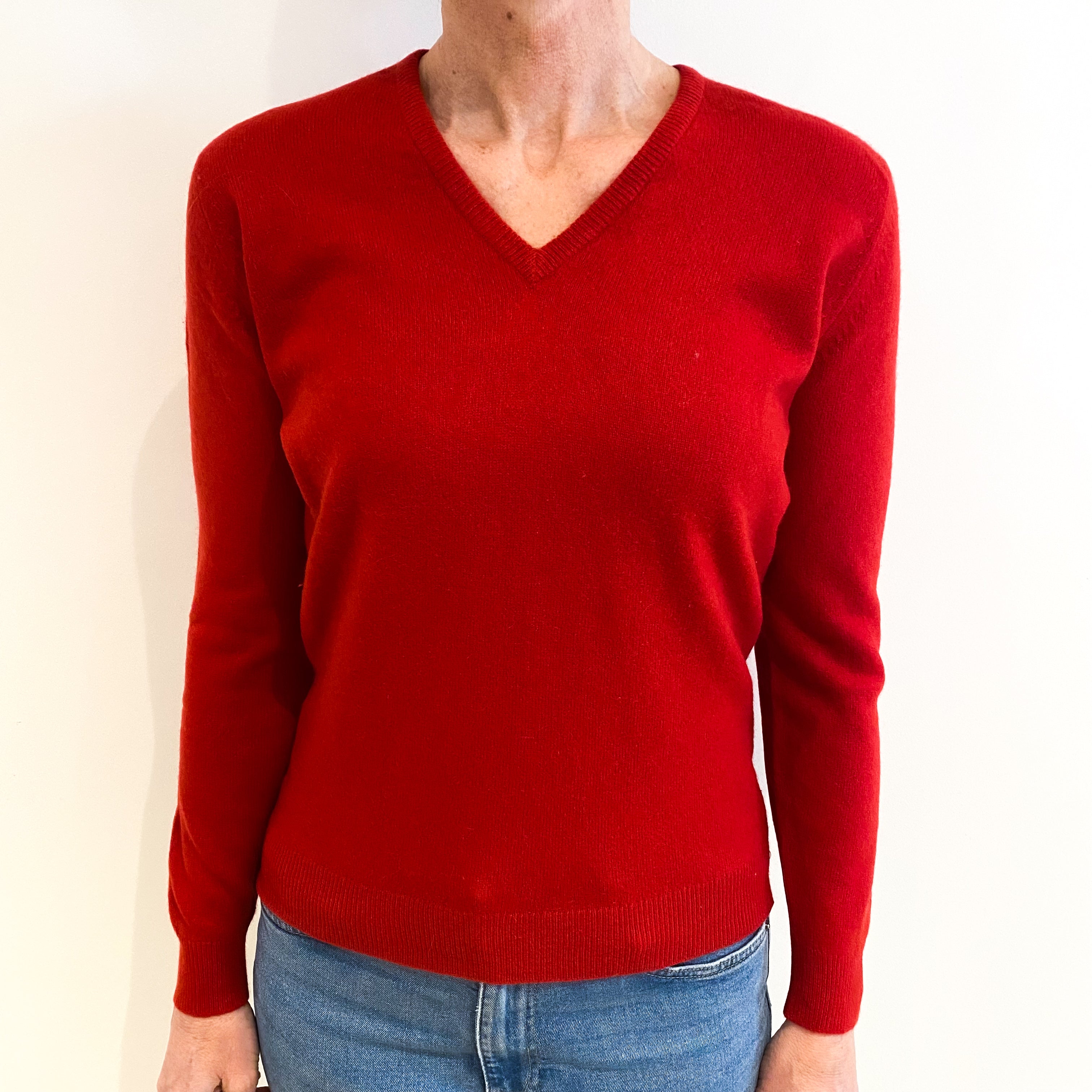 Jaeger Vintage Spanish Red Cashmere V Neck Jumper Small