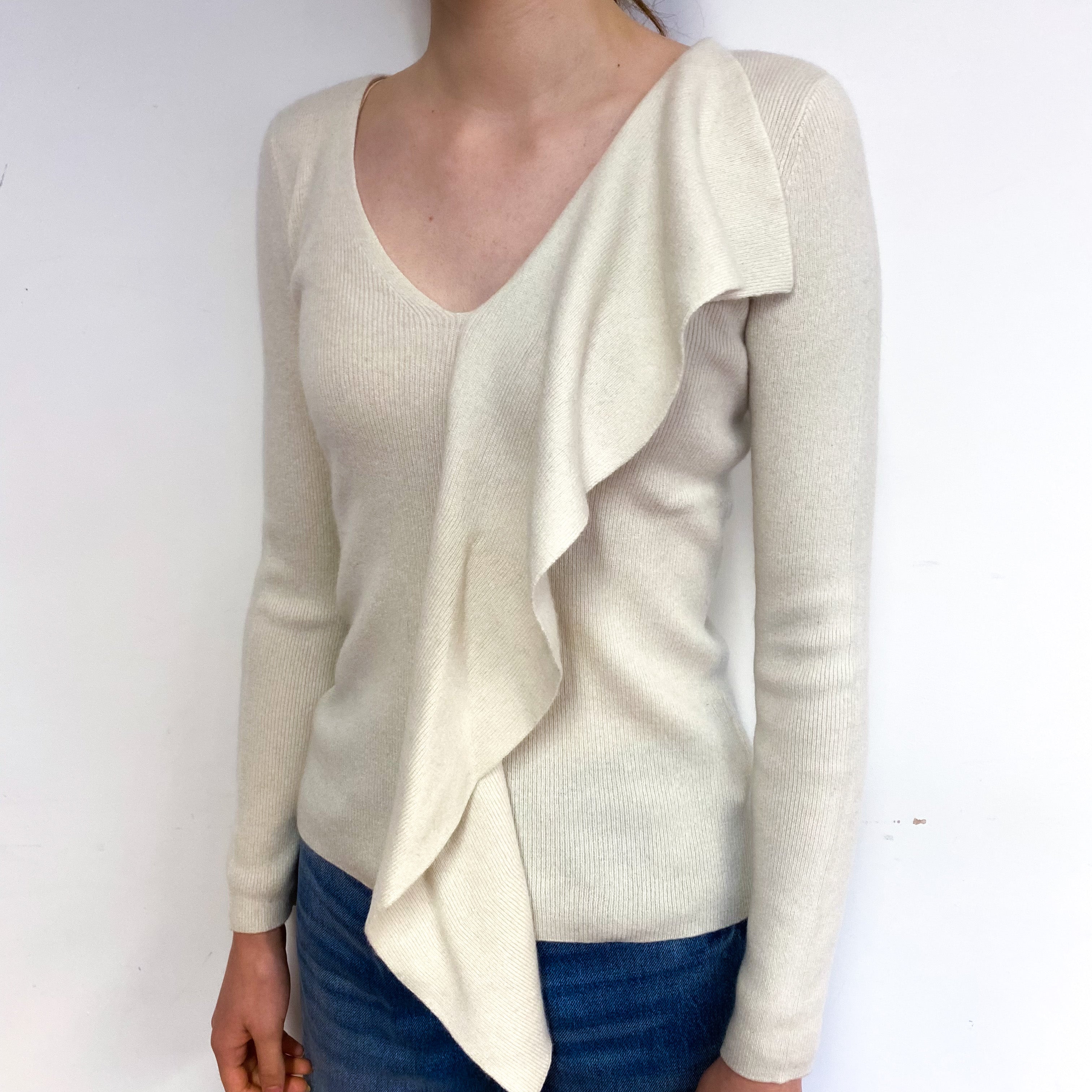 Cream Frill Detail Cashmere V-Neck Jumper Extra Small