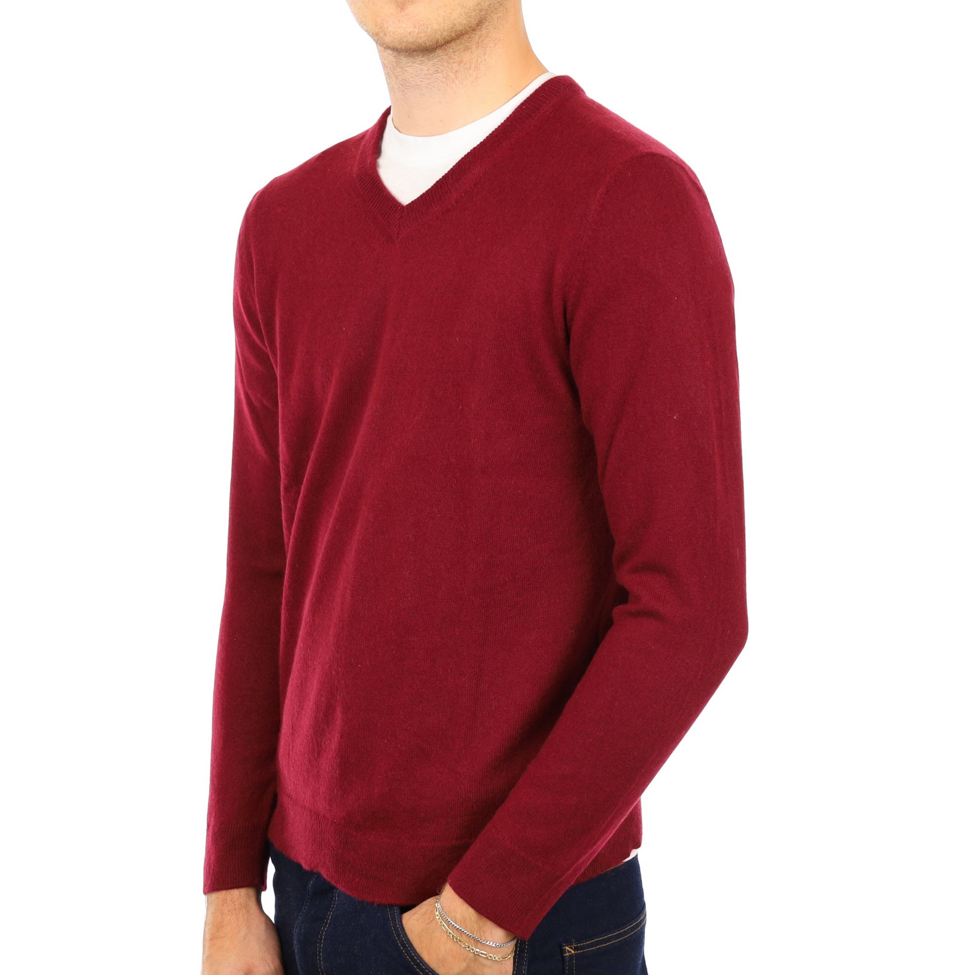 Men's Burgundy Red Cashmere V Neck Jumper Medium