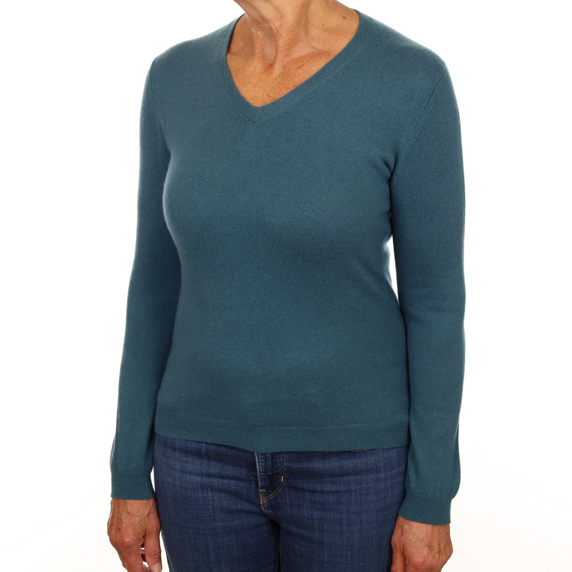 Deep Sea Green Cashmere V Neck Jumper Medium