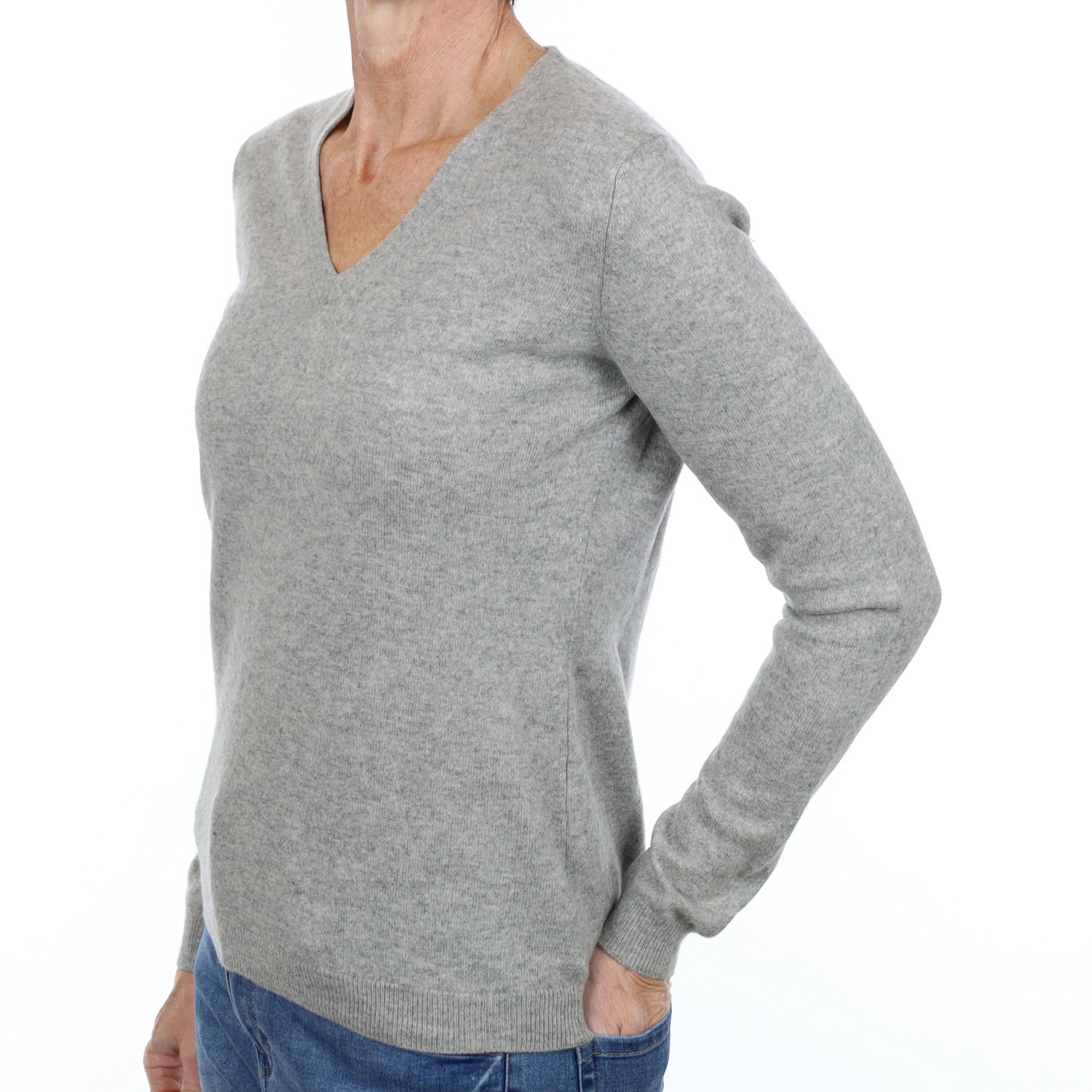 Smoke Grey Cashmere V Neck Jumper Small