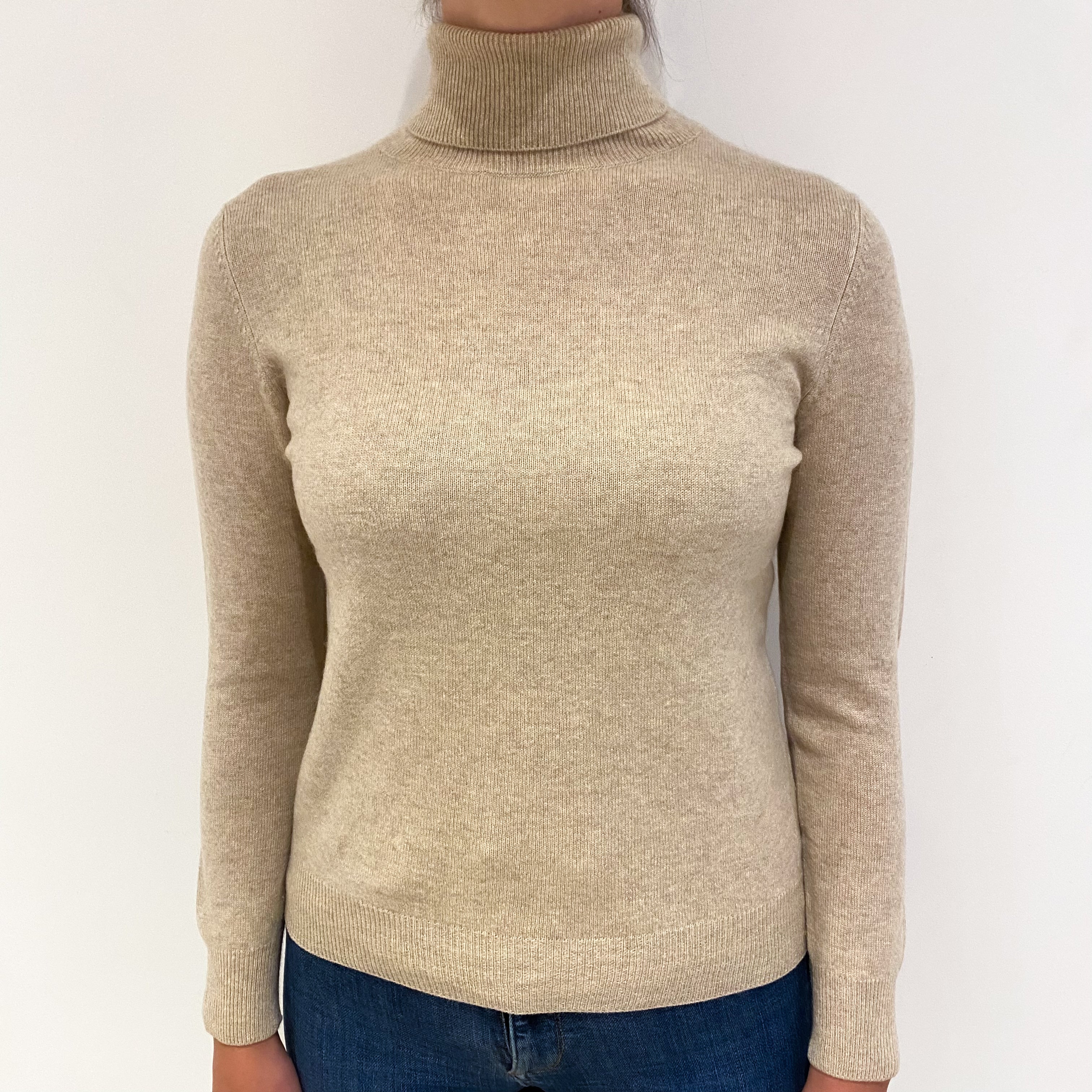 Sand Beige Cashmere Polo Neck Jumper Small