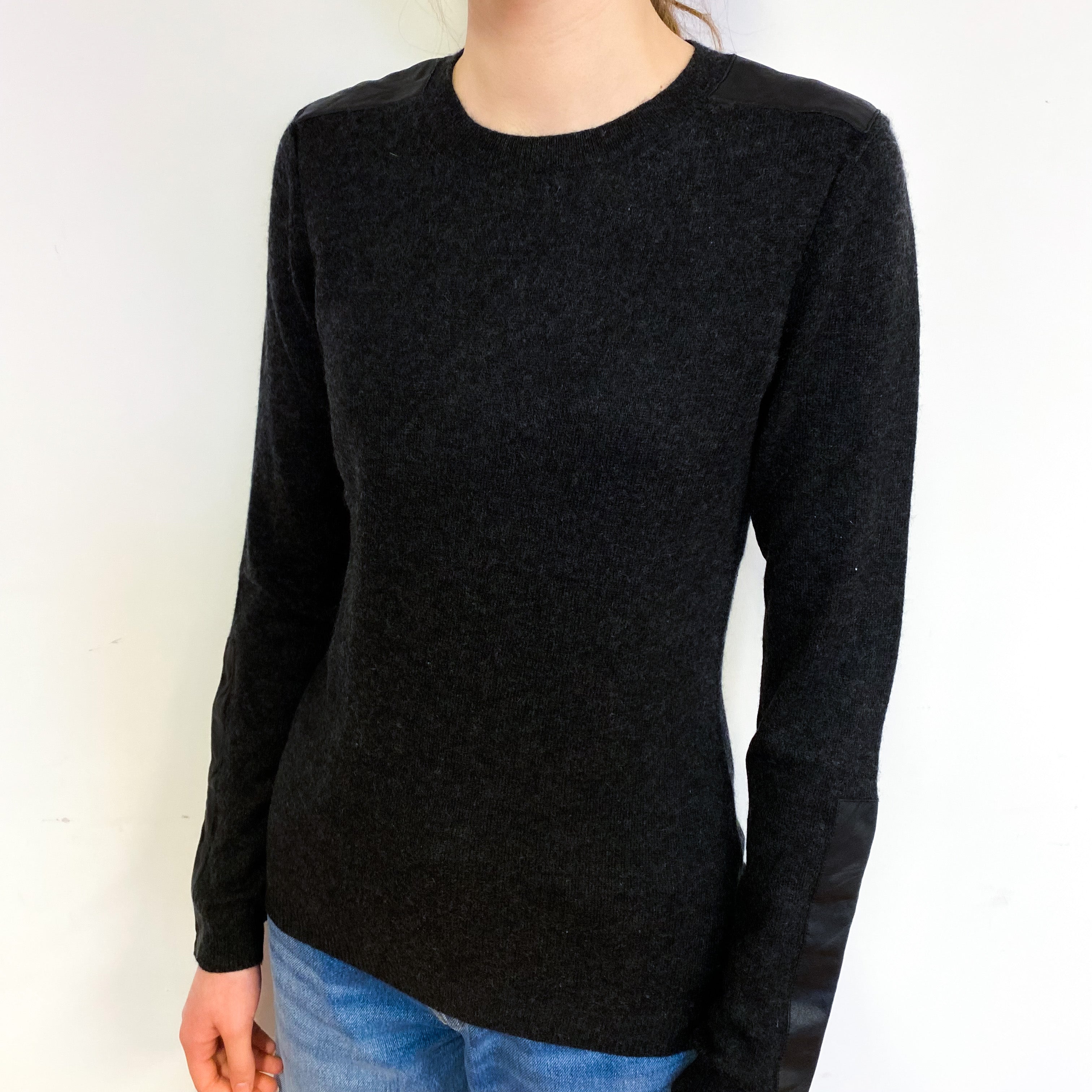 Charcoal Grey Leather Patch Cashmere Crew Neck Jumper Extra Small