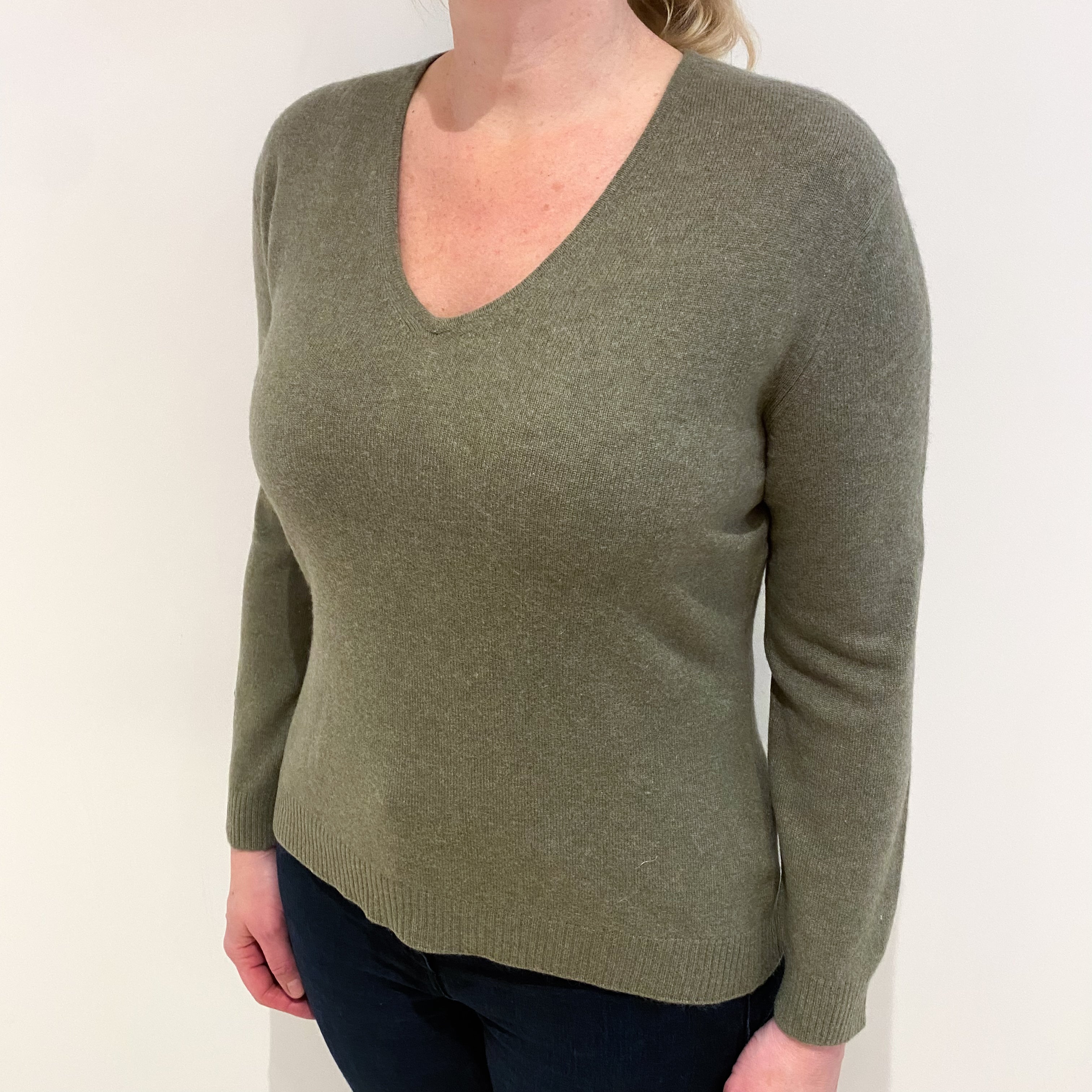 Olive Green Cashmere V Neck Jumper Large