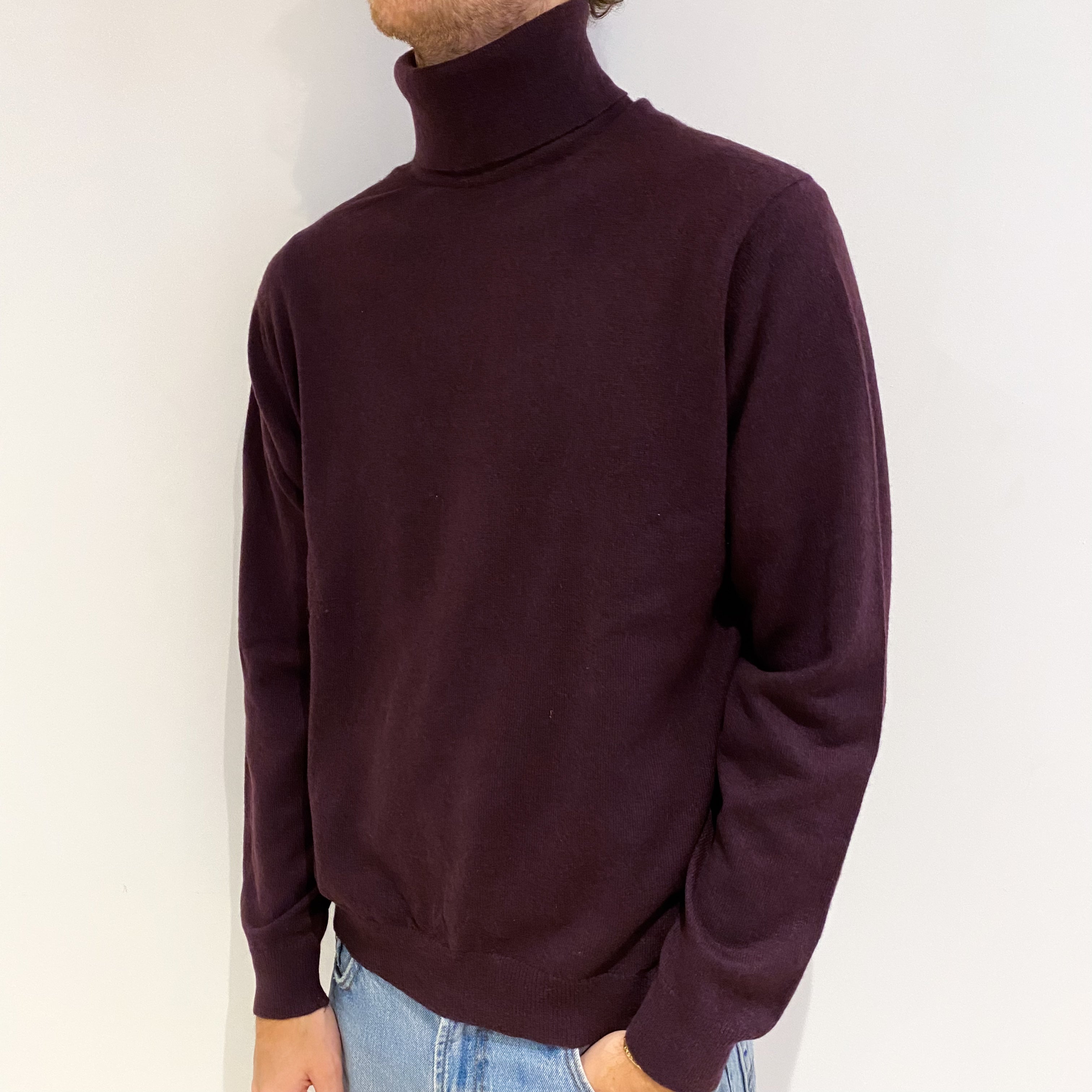Men's Aubergine Purple Cashmere Polo Neck Jumper Medium