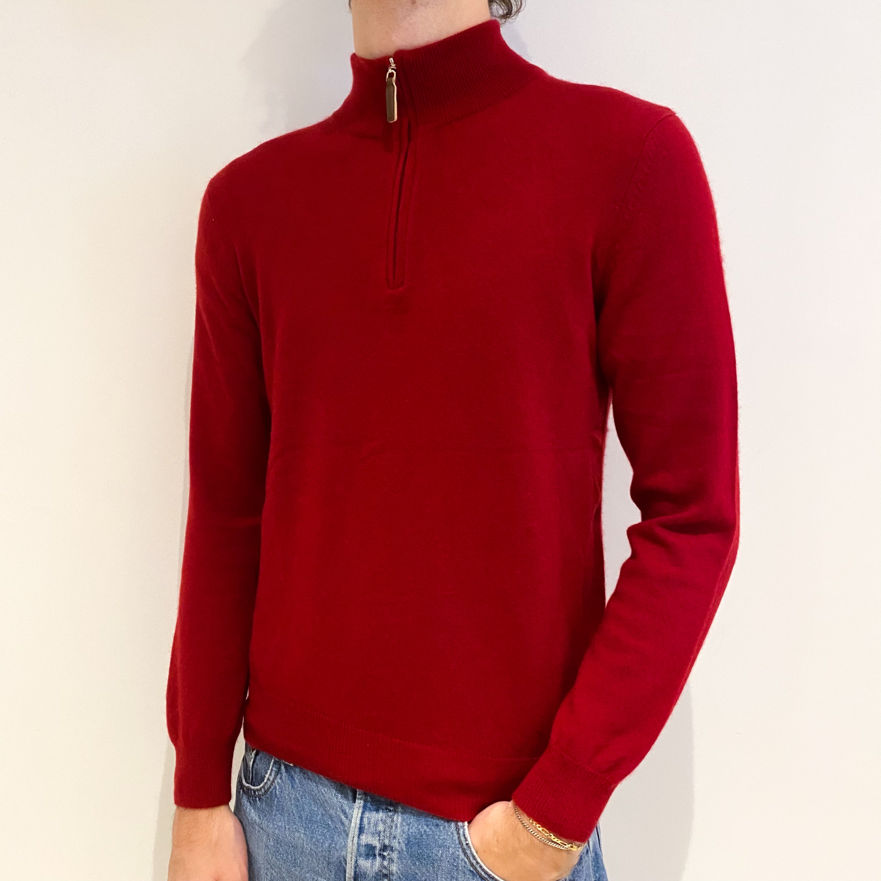Men's Crimson Red Cashmere 1/4 Zip Jumper Medium