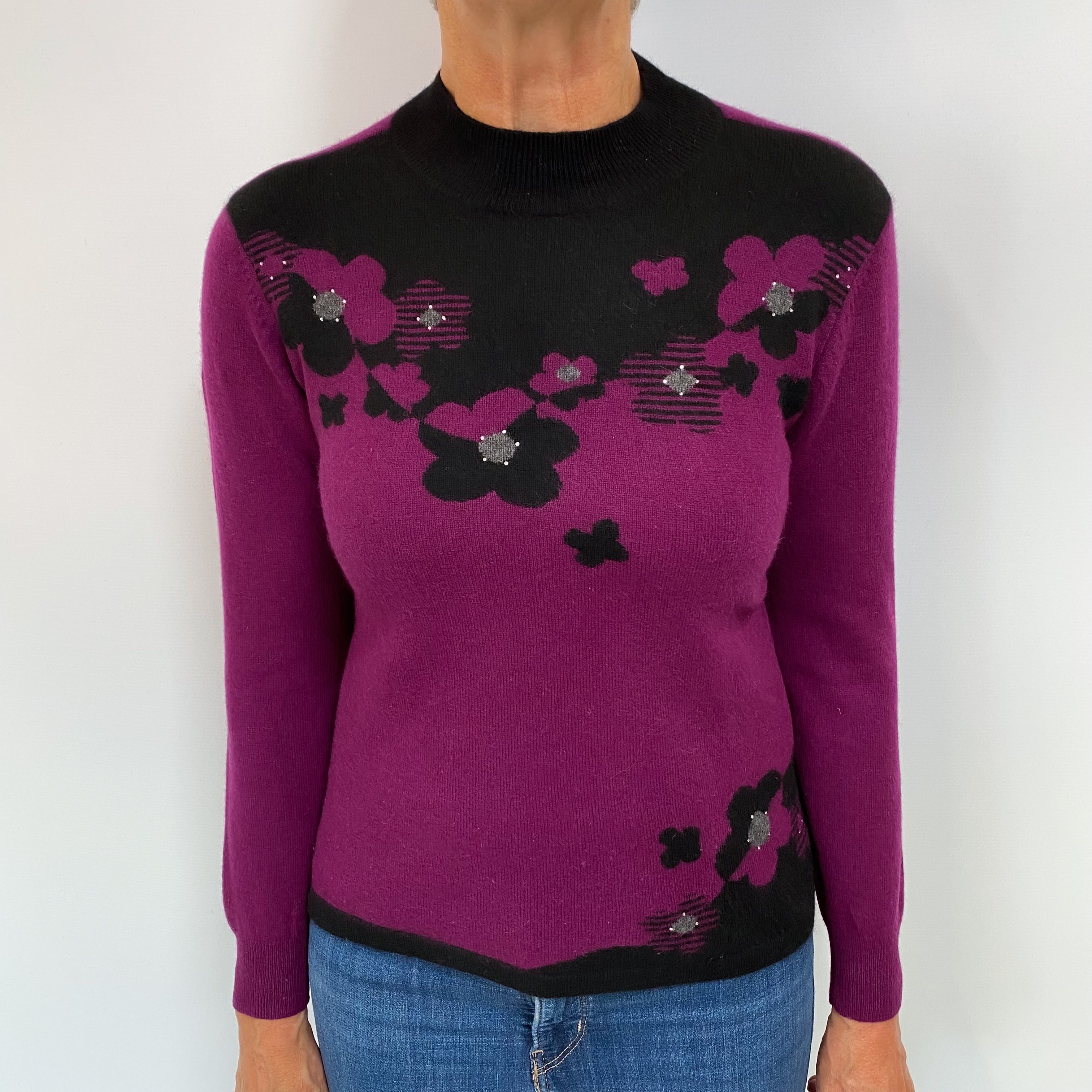 Purple and Black Floral Cashmere Turtle Neck Jumper Medium