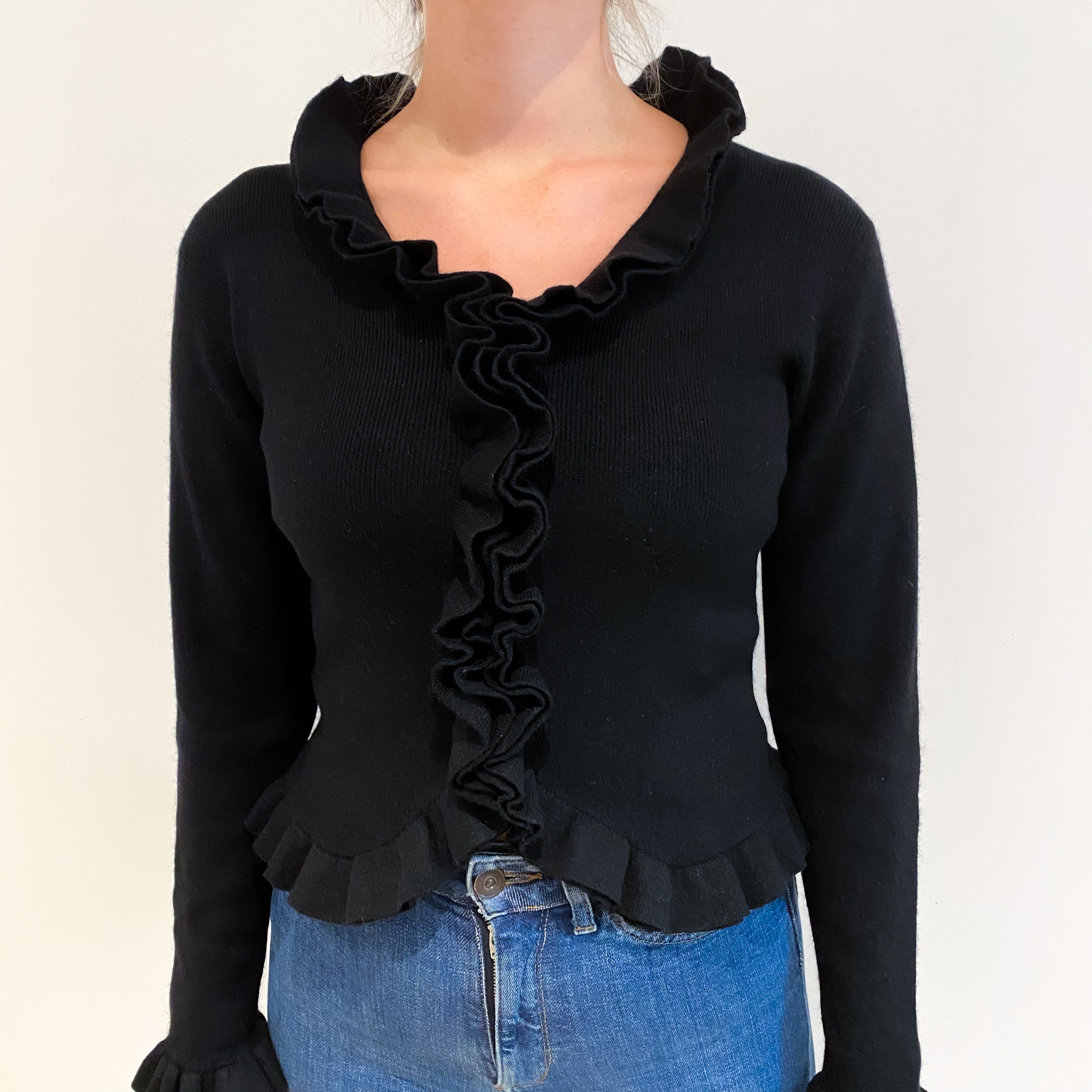Vintage Black Cashmere Frill Neck Cardigan Small