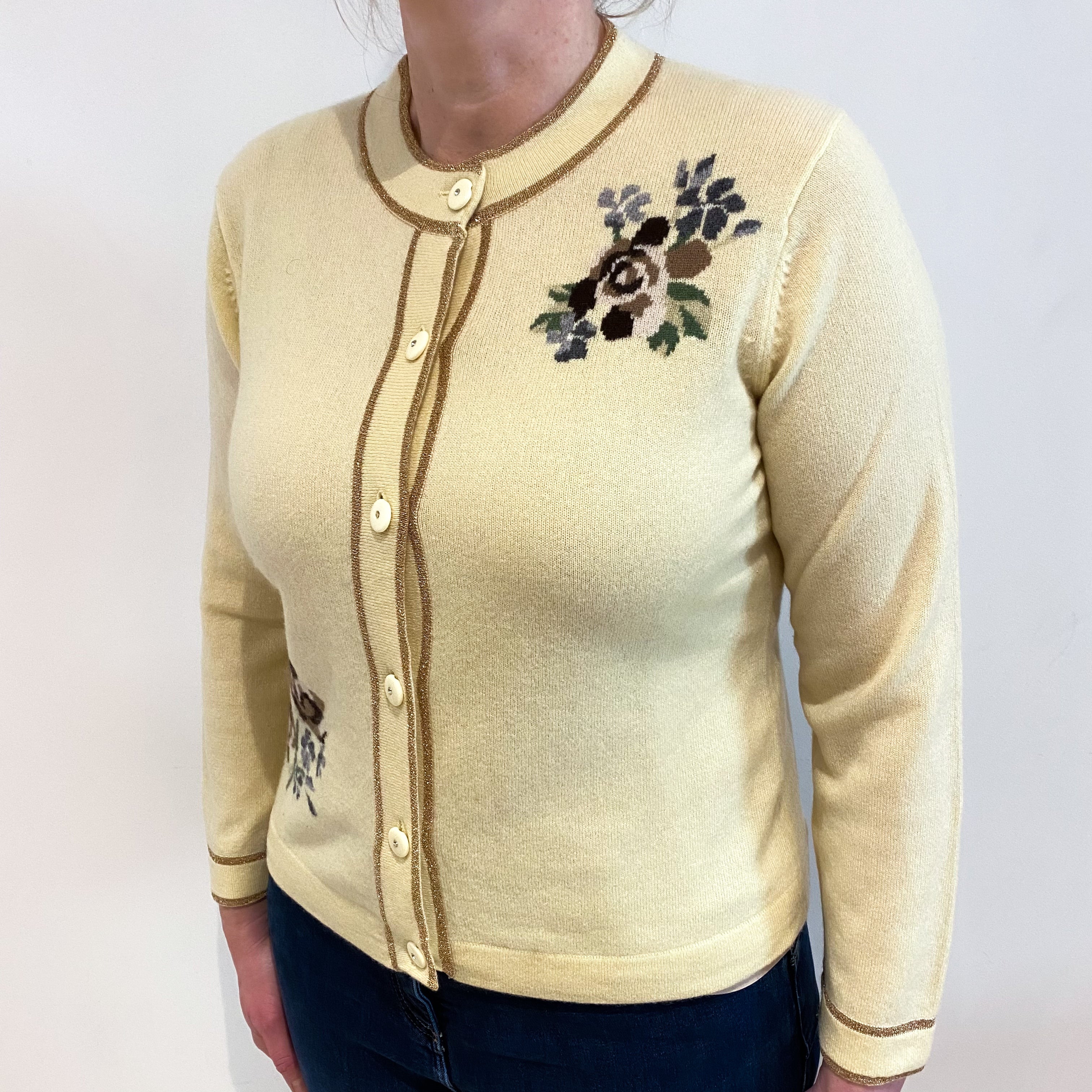 Primrose Yellow Floral Cashmere Crew Neck Cardigan Large