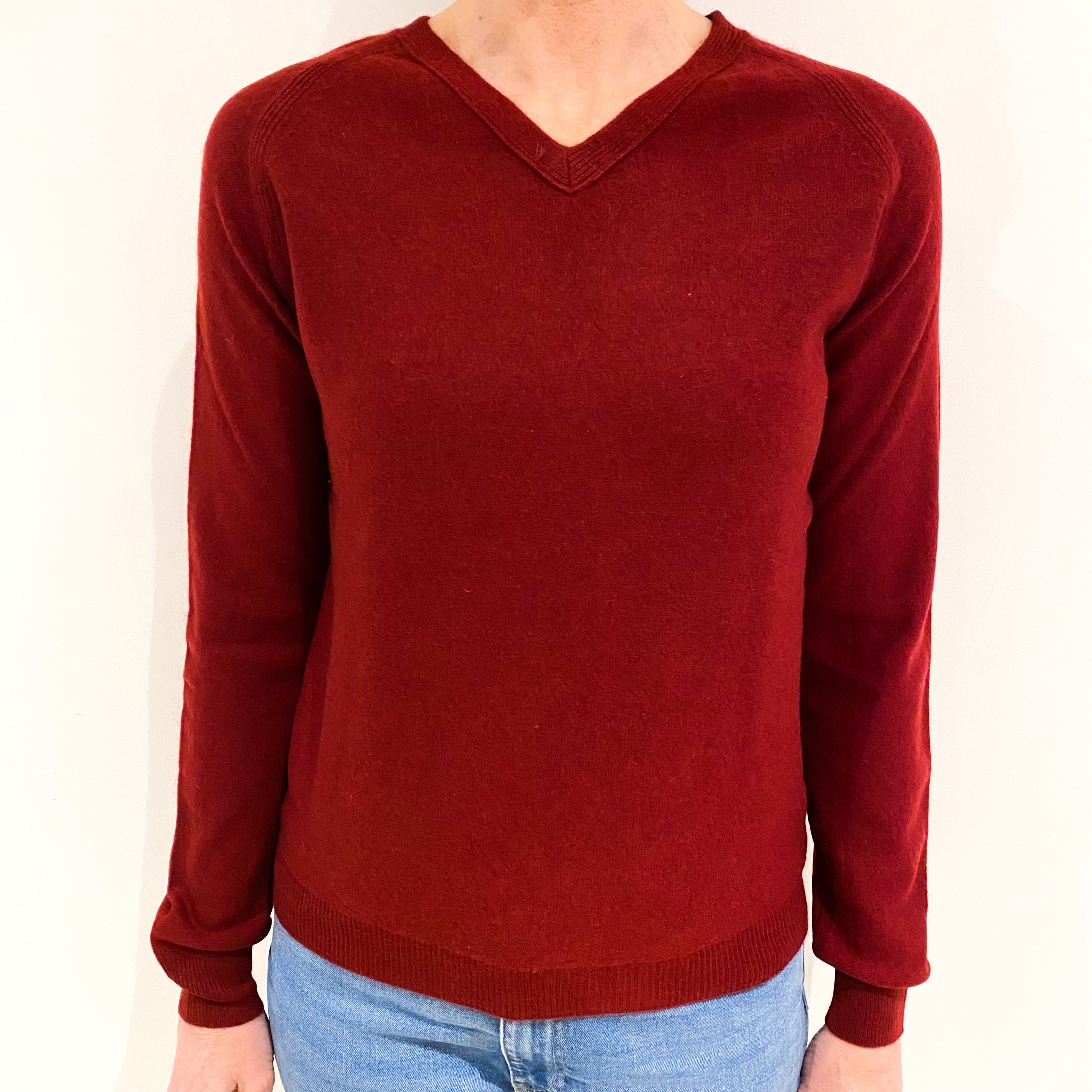 Burgundy Red Cashmere V Neck Jumper Small