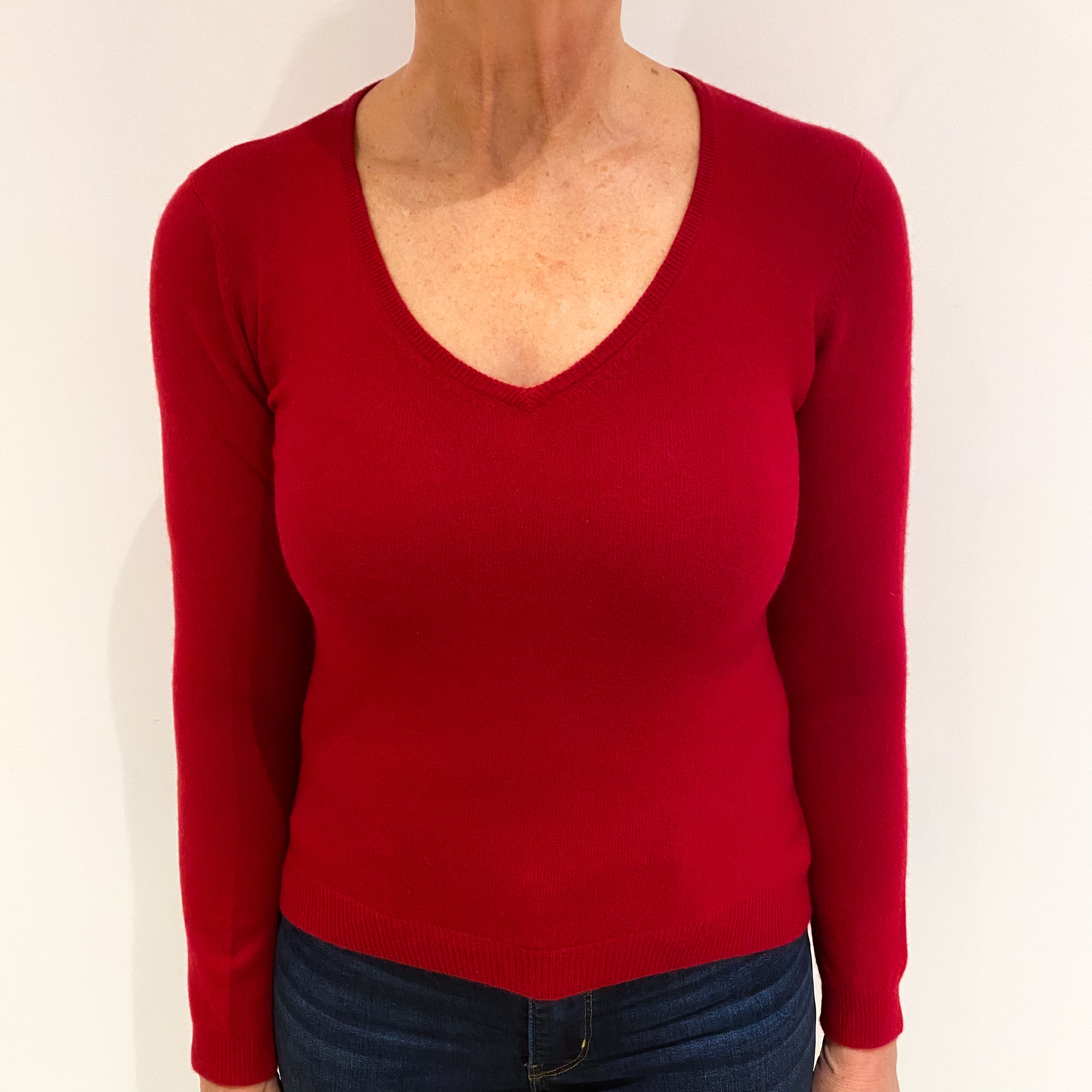 Post Box Red Cashmere V Neck Jumper Medium