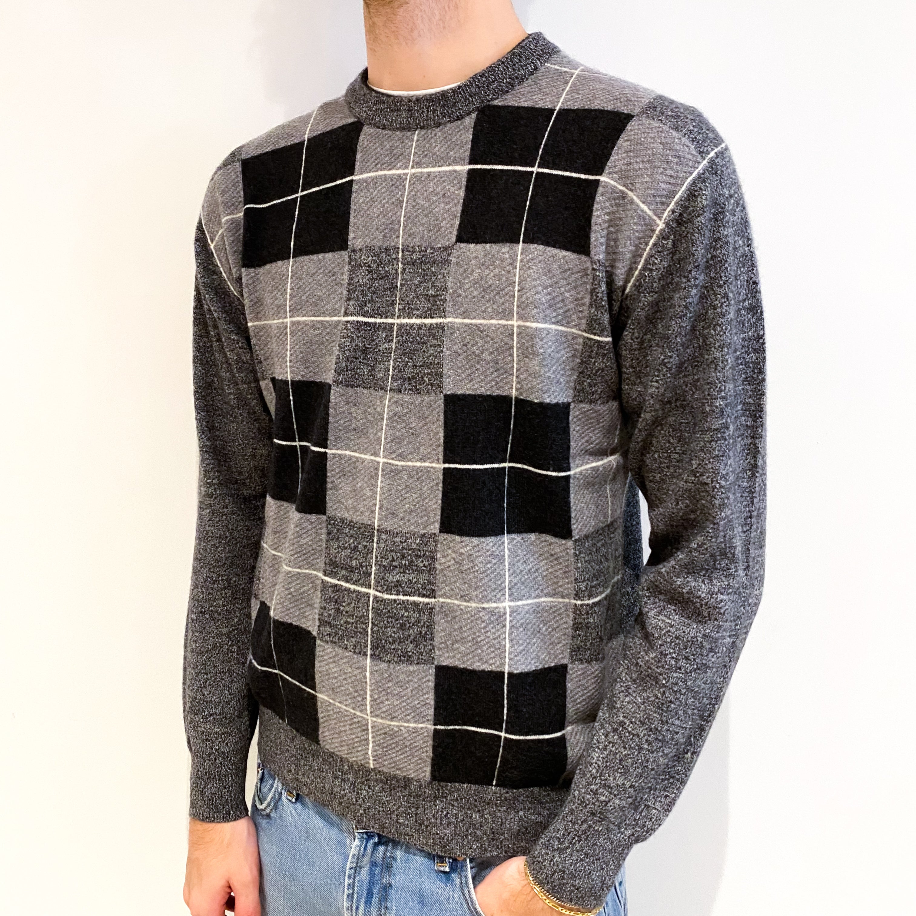 Men's Steel Grey Marl Checked Cashmere Crew Neck Jumper Medium