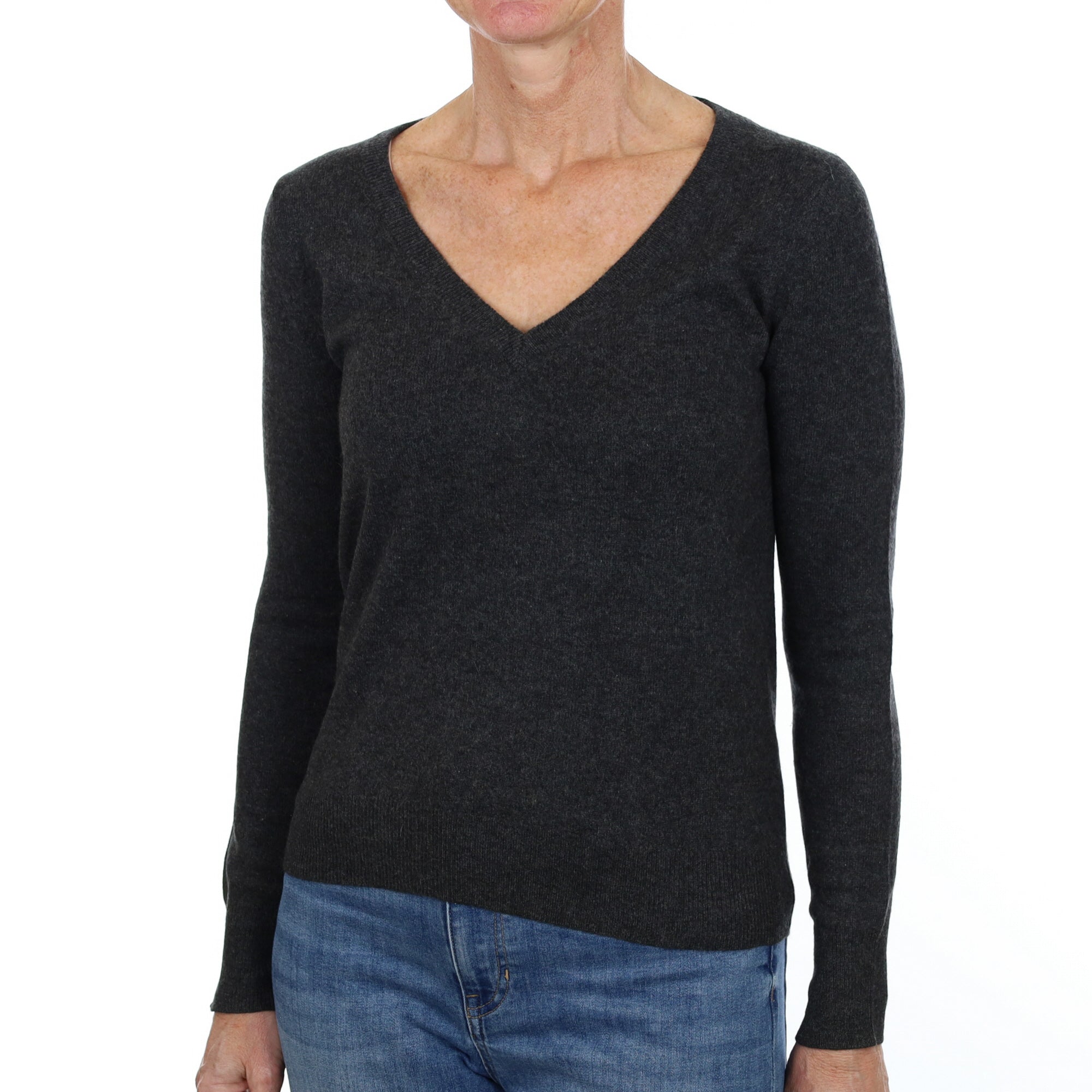Charcoal Grey Cashmere V Neck Jumper Small