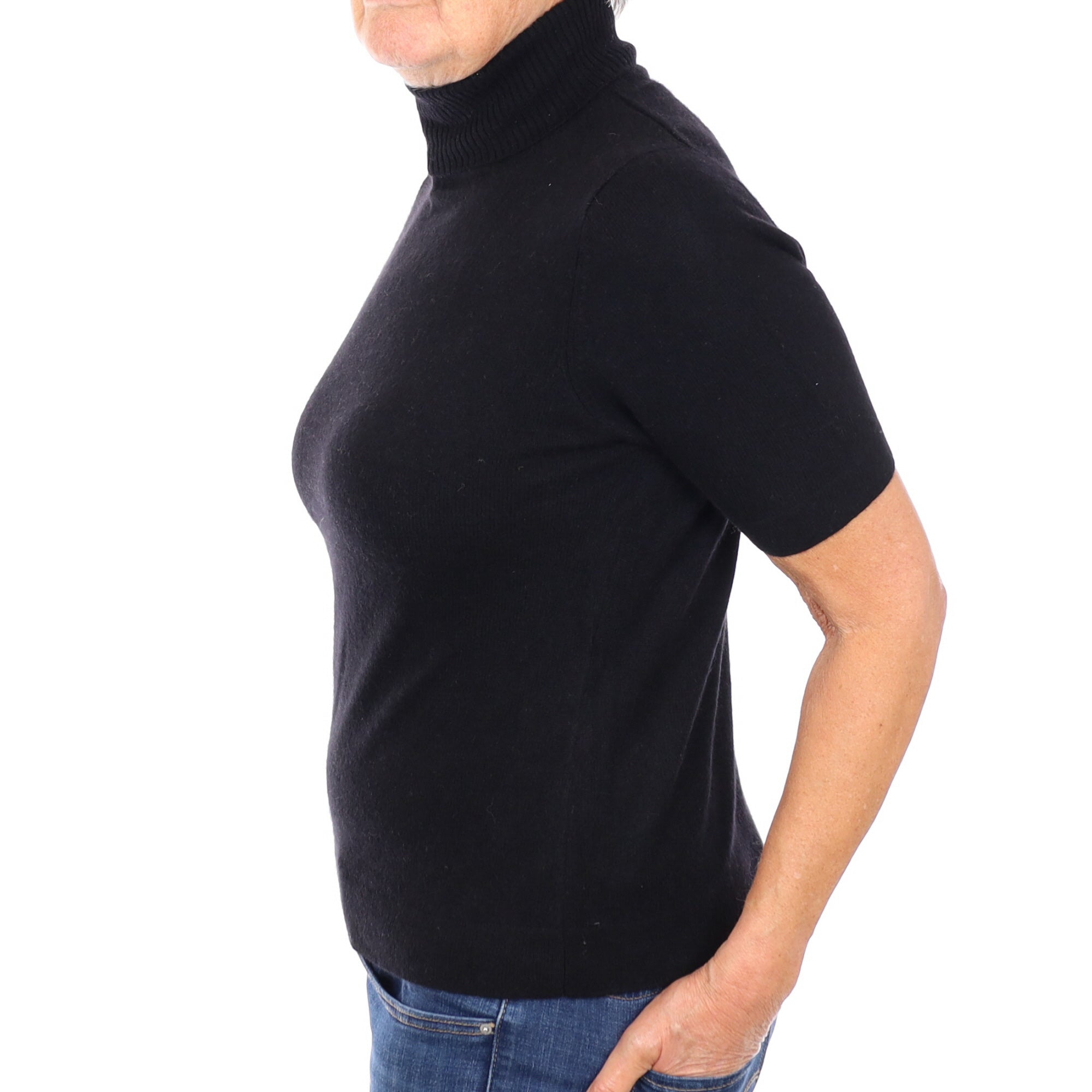 Black Cashmere Short Sleeve Polo Neck Jumper Medium