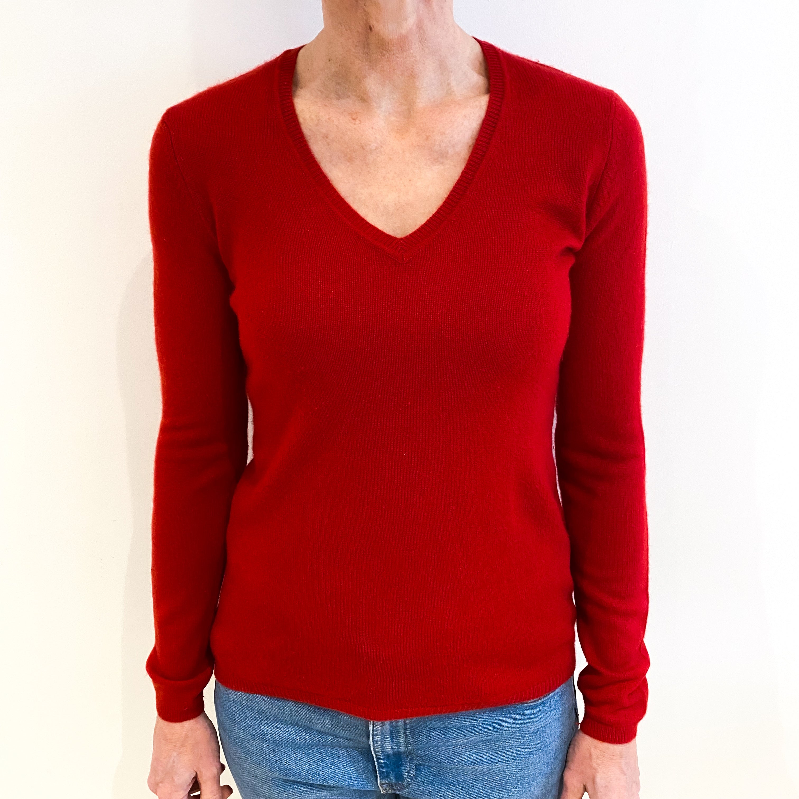 Scarlet Red Cashmere V Neck Jumper Small