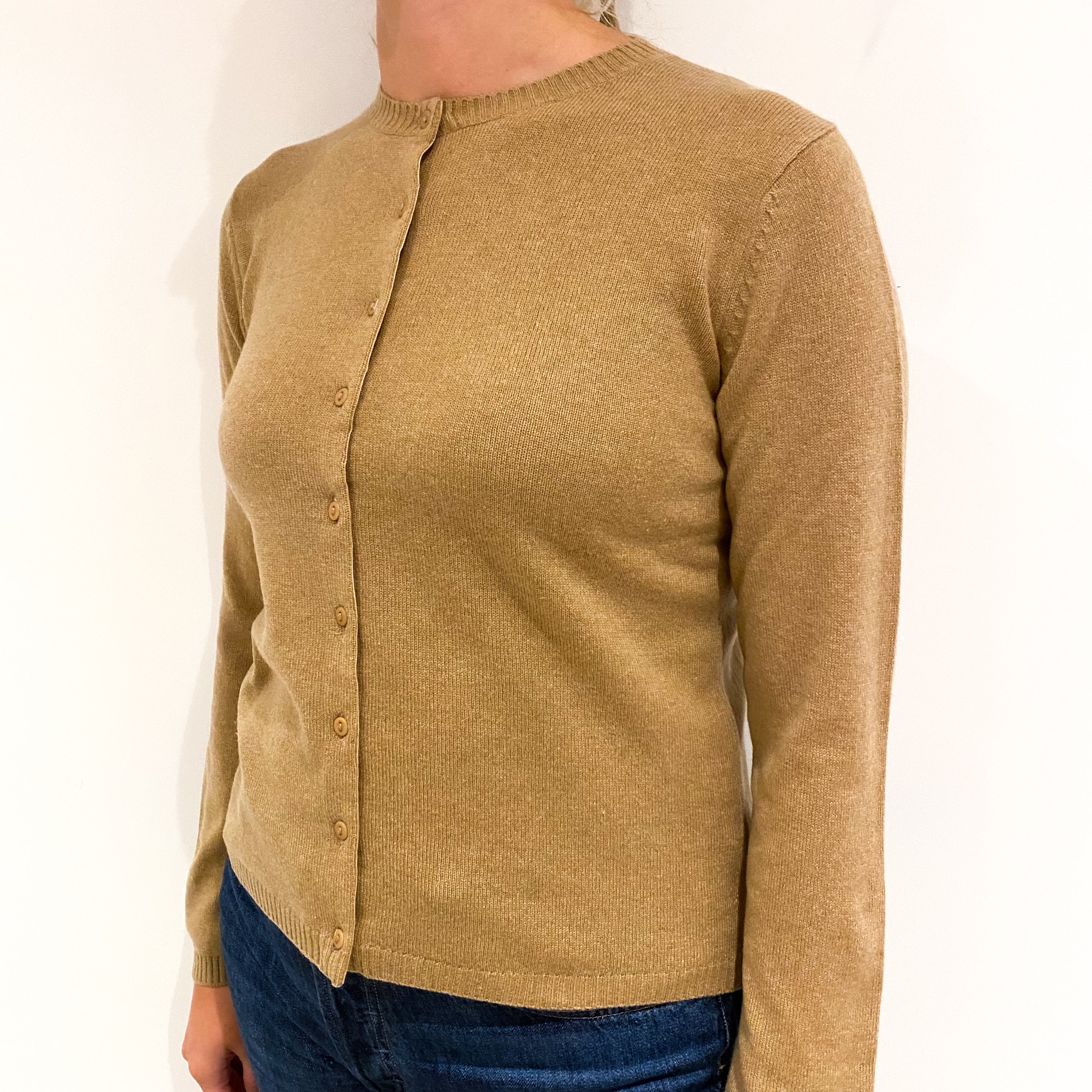 Camel Brown Cashmere Crew Neck Cardigan Small