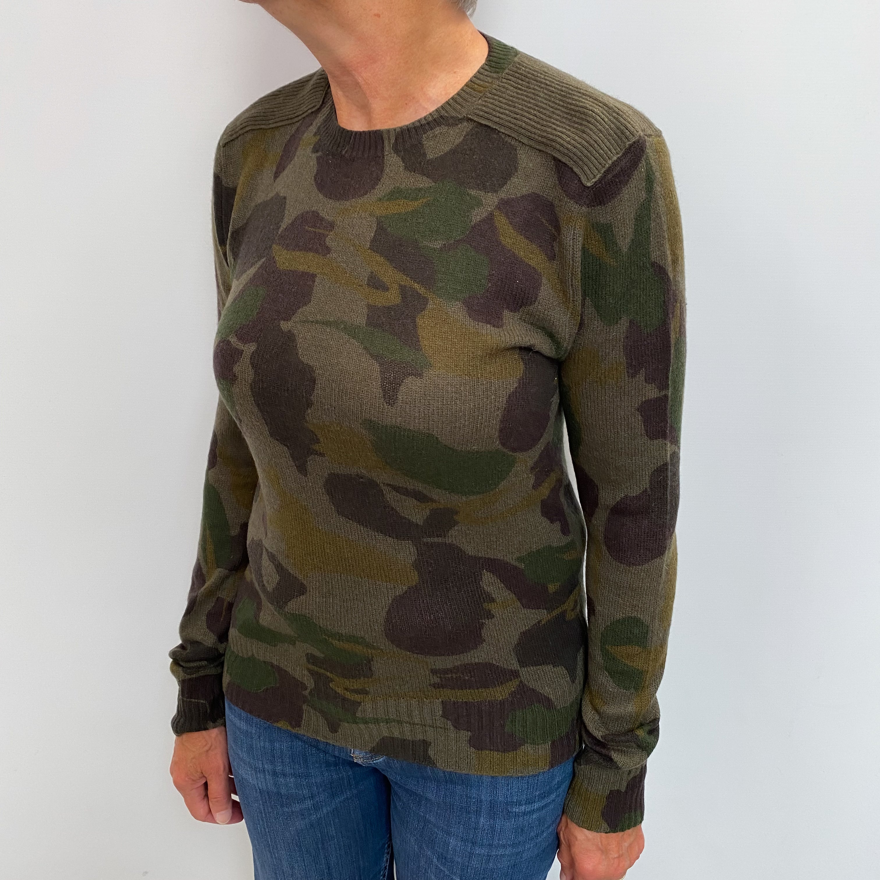 Khaki Green Camouflage Cashmere Crew Neck Jumper Medium