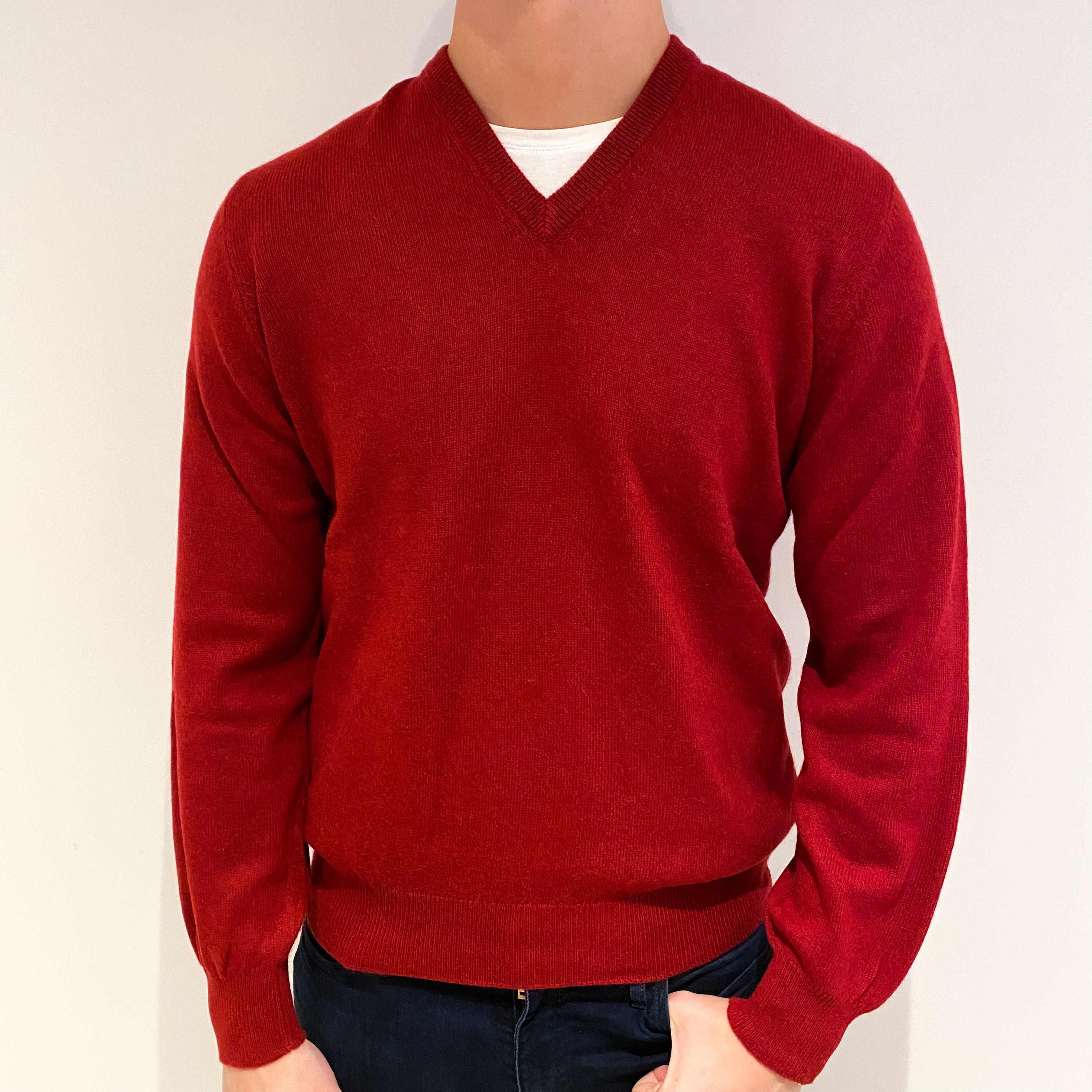 Men's Crimson Red Cashmere V Neck Jumper XL