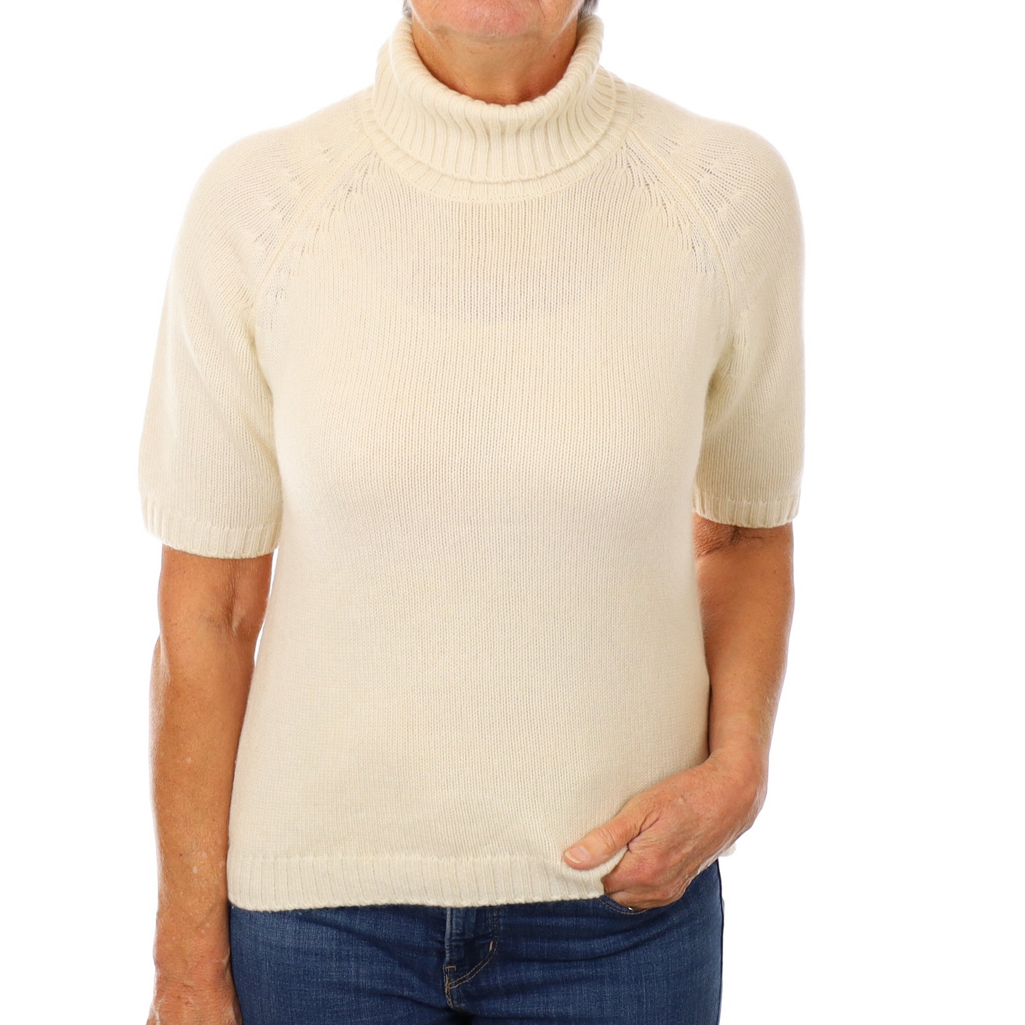 Vanilla Cream Cashmere Polo Neck Short Sleeved Jumper Medium