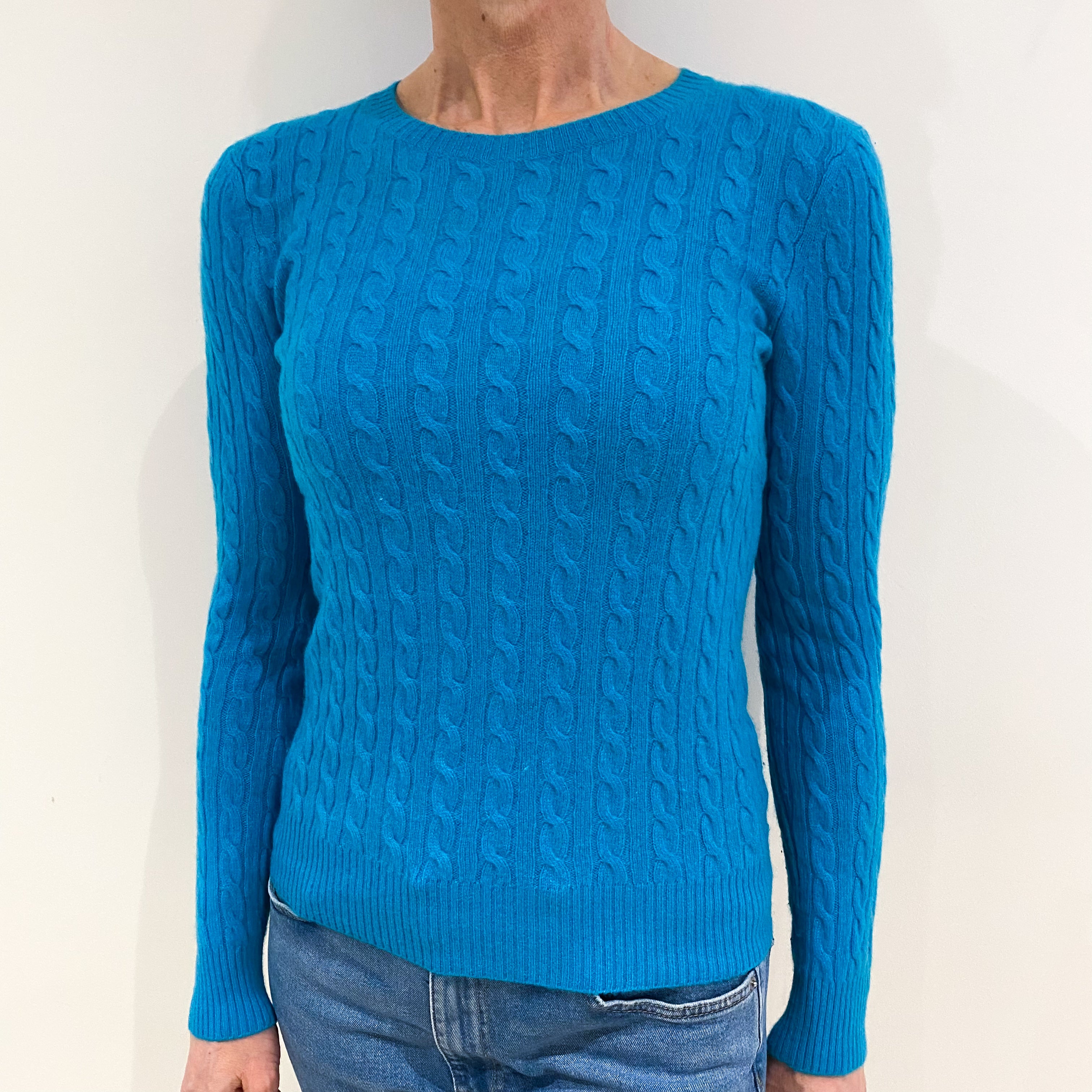 Turquoise Blue Cable Cashmere Crew Neck Jumper Small