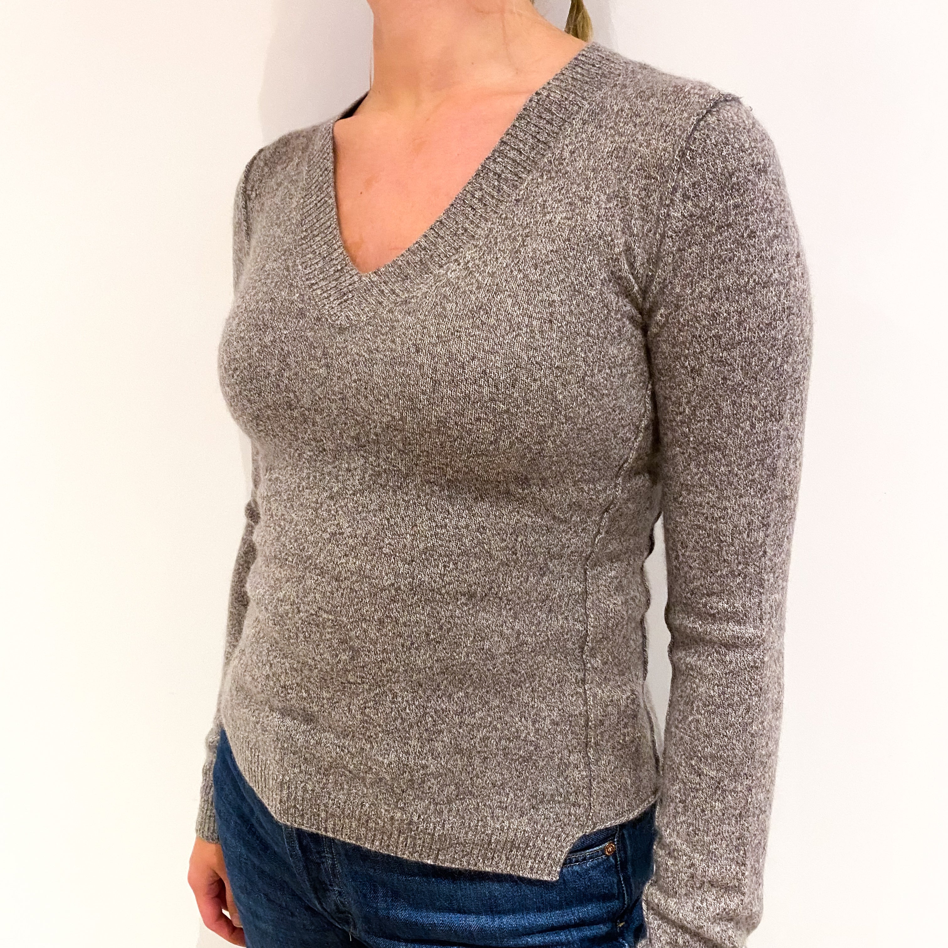 Mocha Brown Marl Cashmere V-Neck Jumper Small