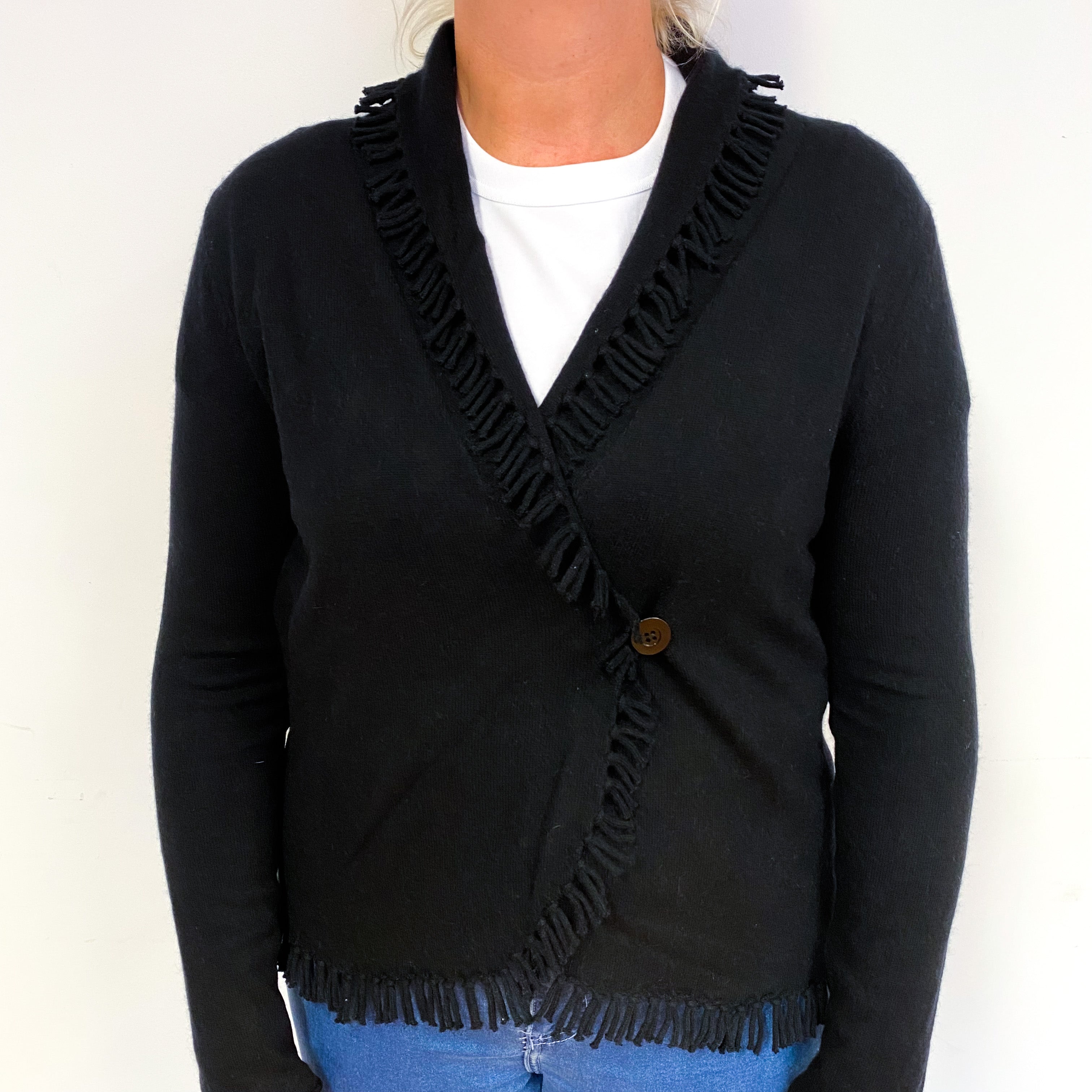 Black Tassel Edged Cashmere V-Neck Cardigan Large