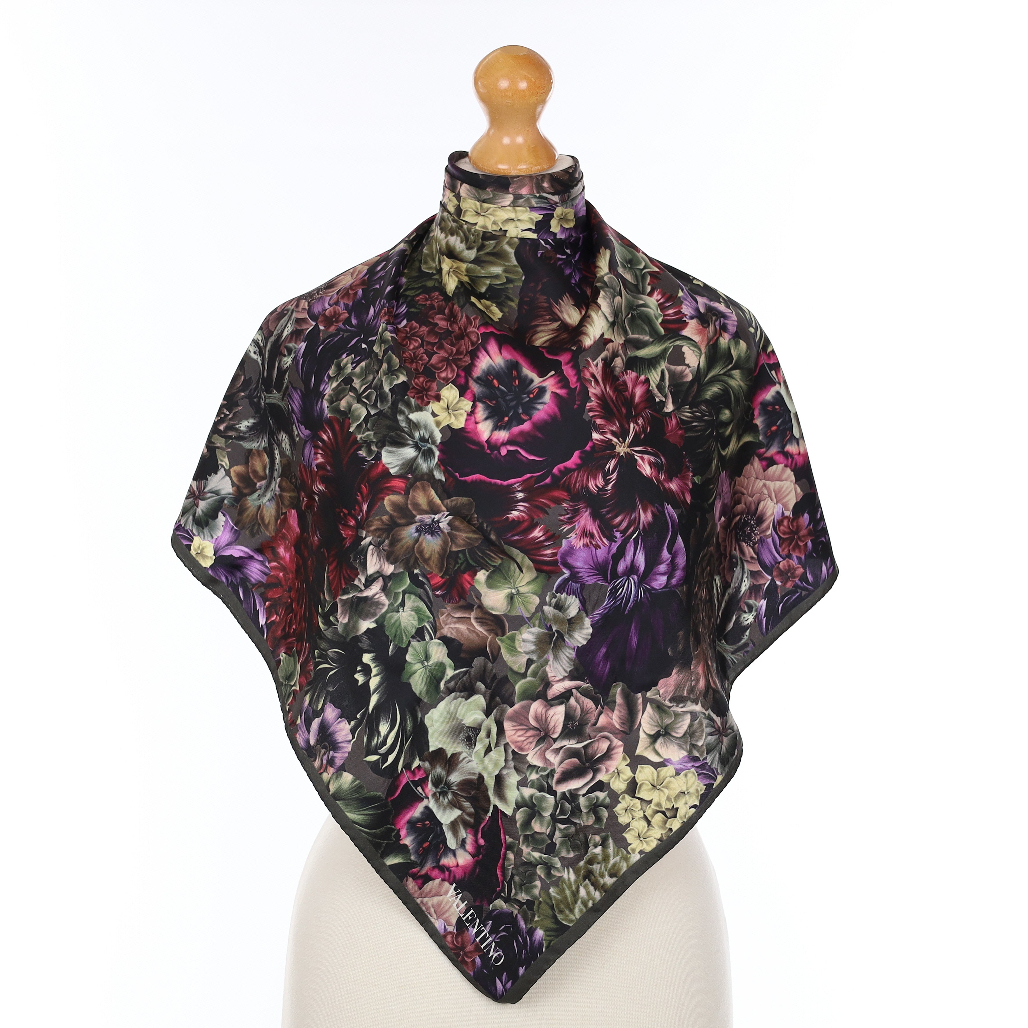 Pristine Valentino Green and Purple Floral Silk Scarf