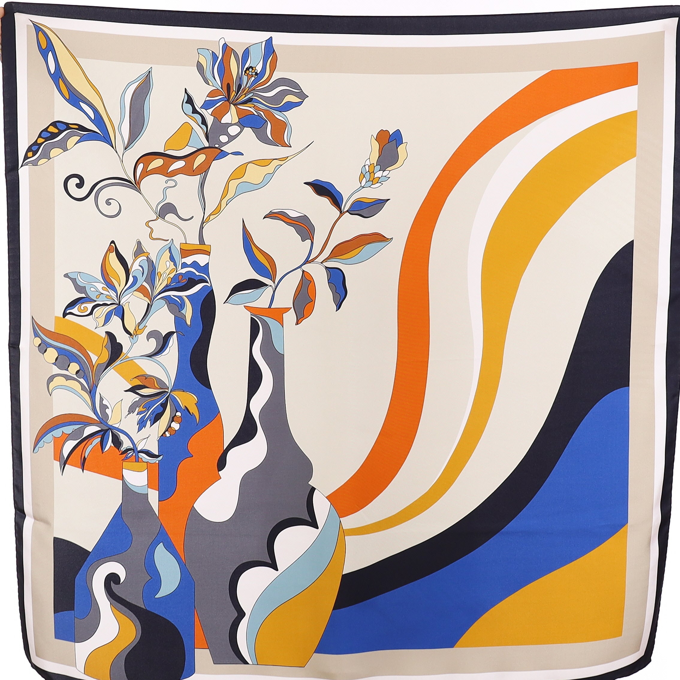 Brand New Italian Blue Contemporary Vase Design Silk Scarf