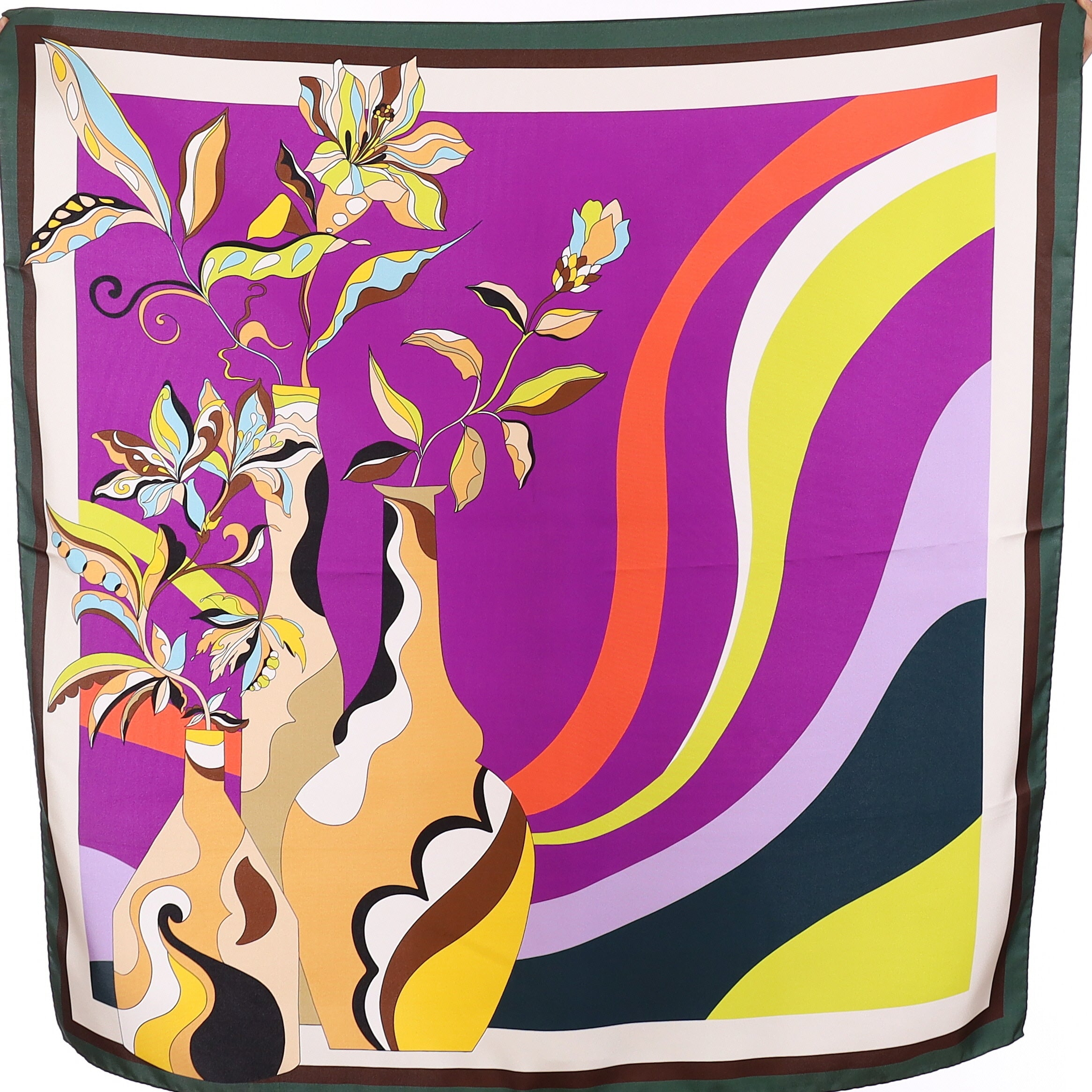 Brand New Italian Purple Contemporary Vase Design Silk Scarf