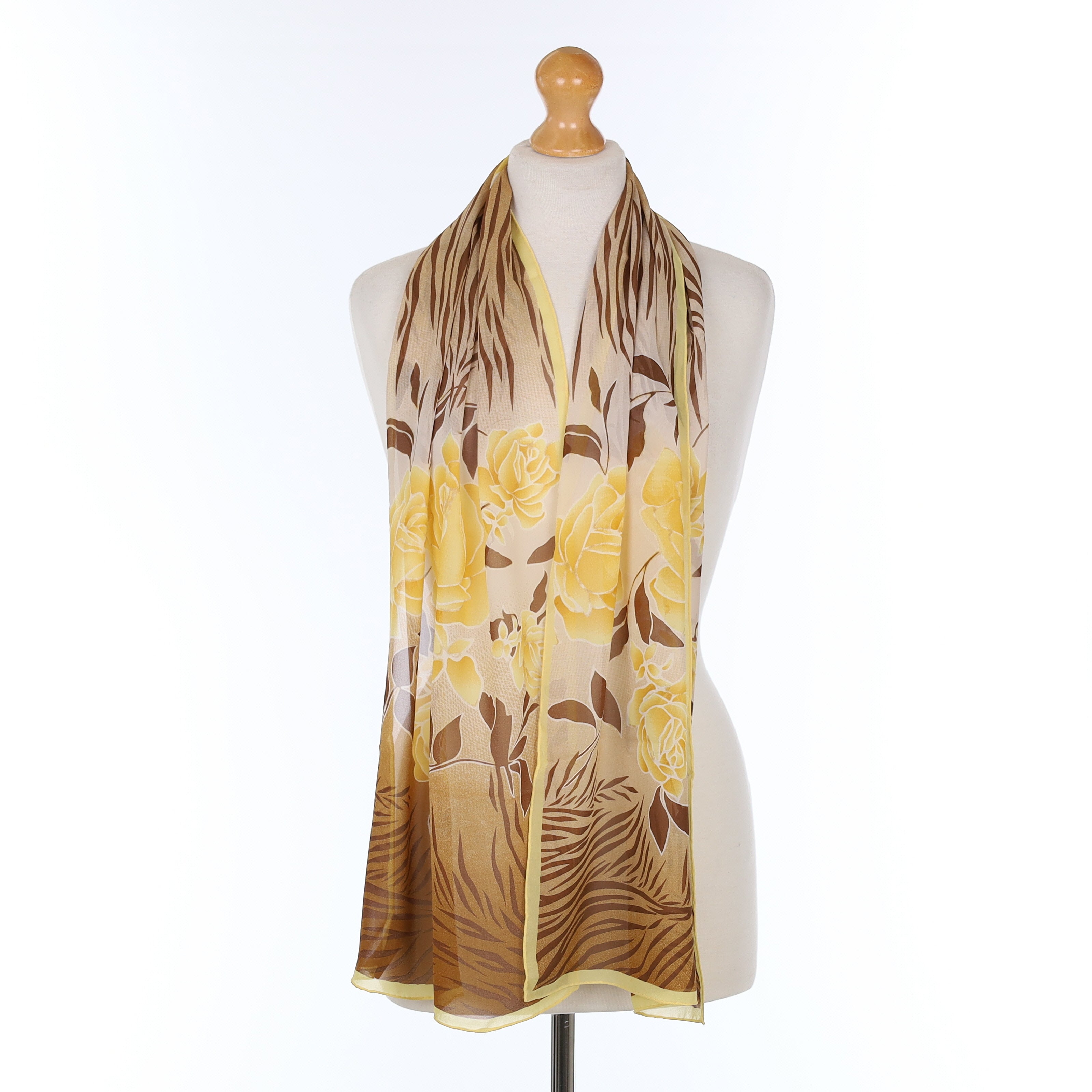 Brand New Yellow and Brown Floral Silk Scarf