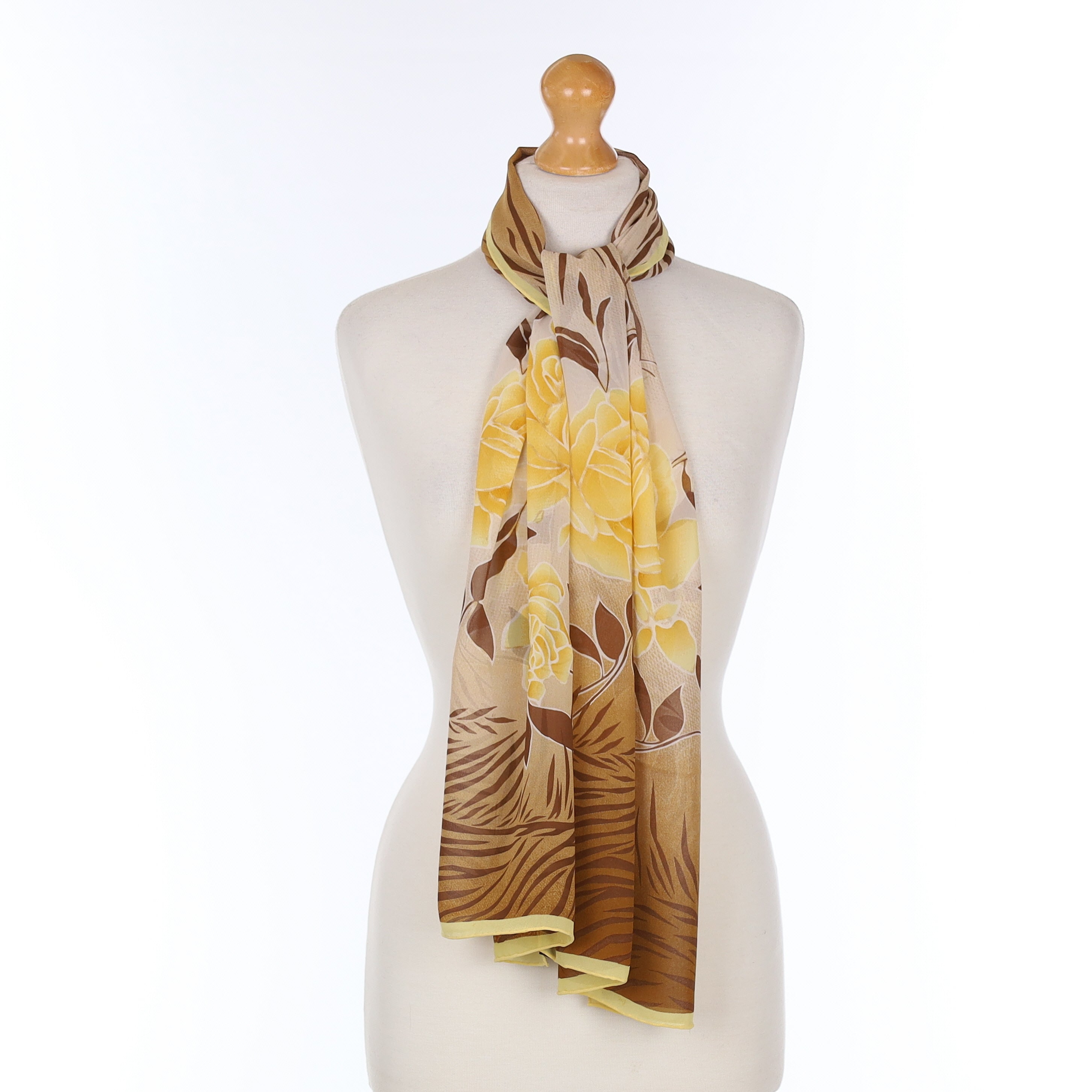 Brand New Yellow and Brown Floral Silk Scarf
