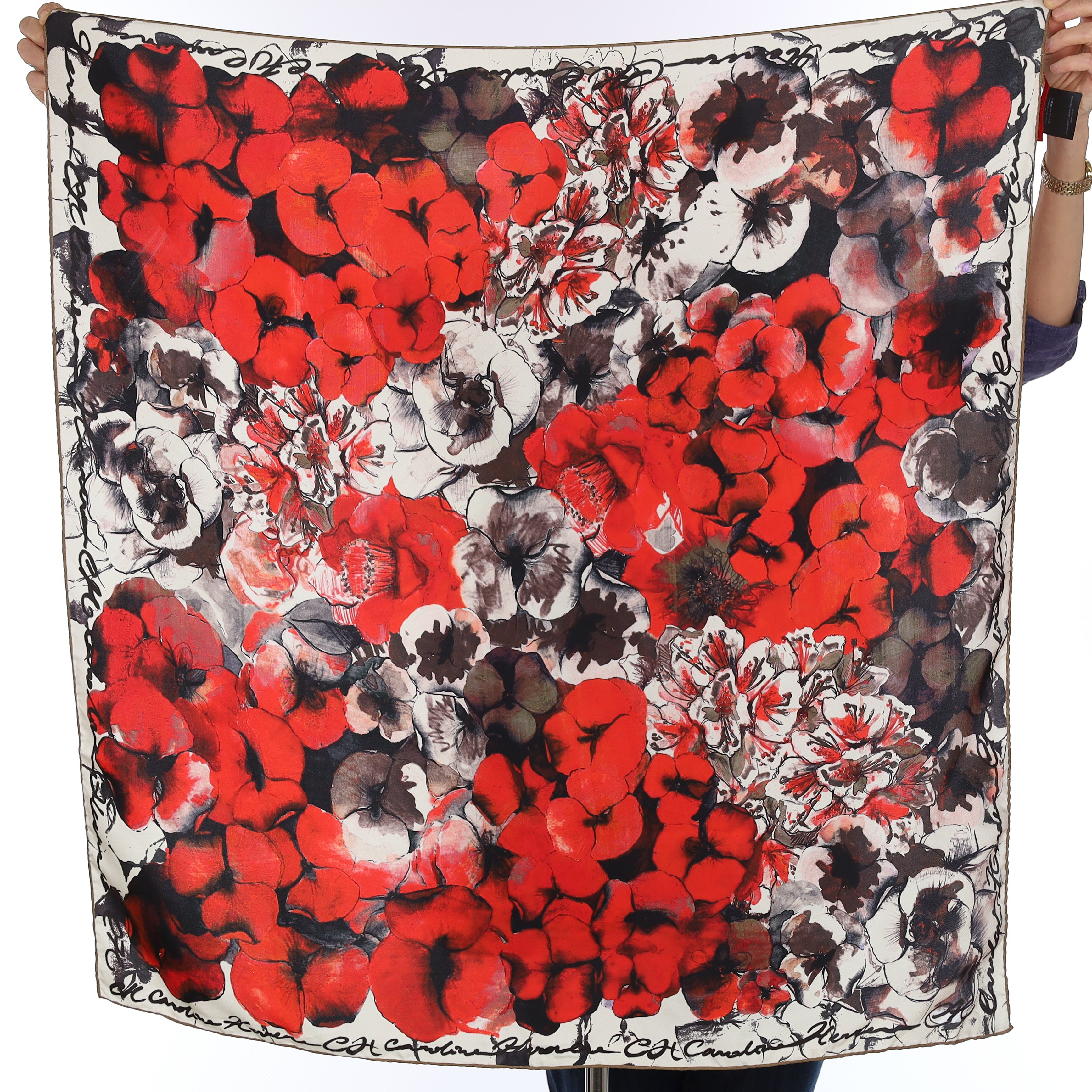 Pristine Carolina Herrera Red and Black Floral Silk Scarf