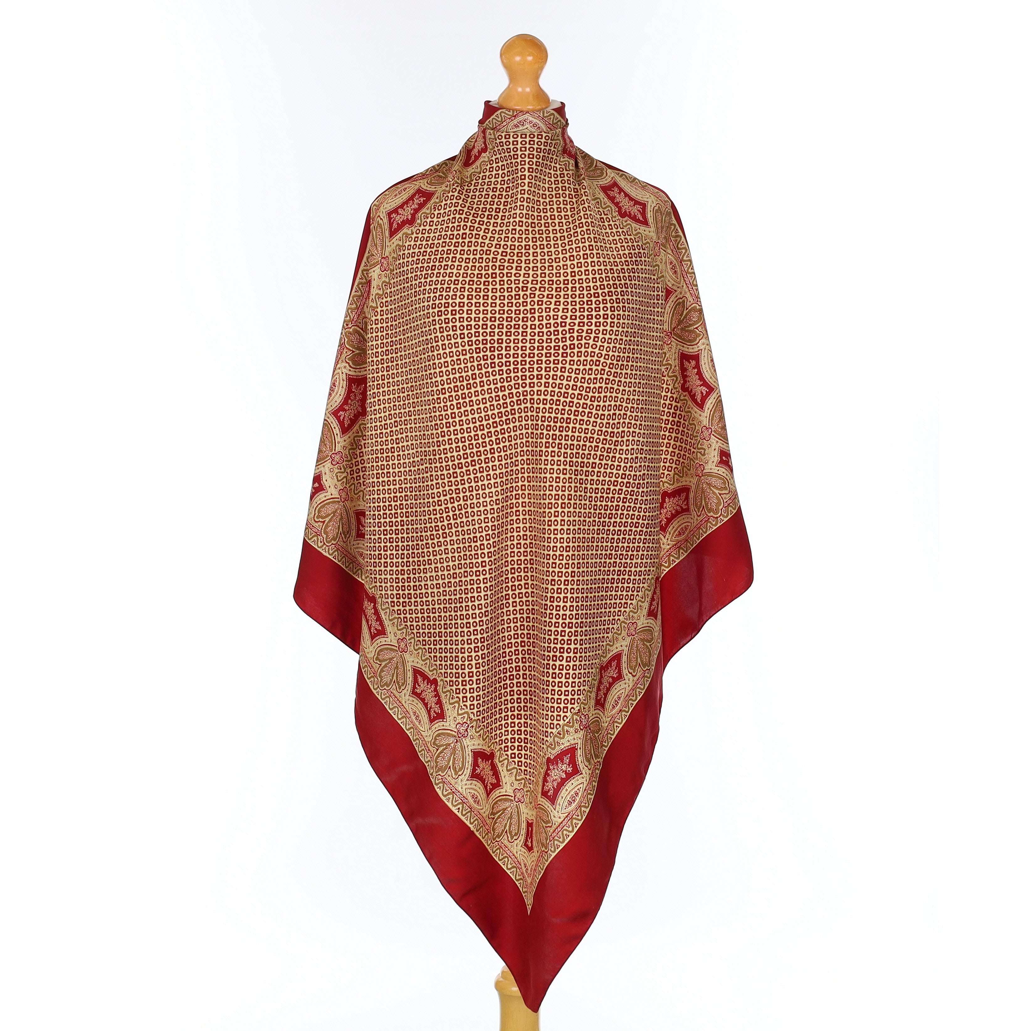 Crimson Red and Beige Patterned Vintage Silk Scarf